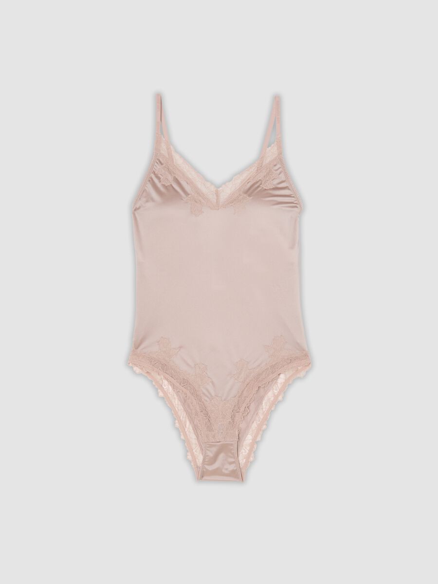 Pink stretch microfibre bodysuit with lace trim_0