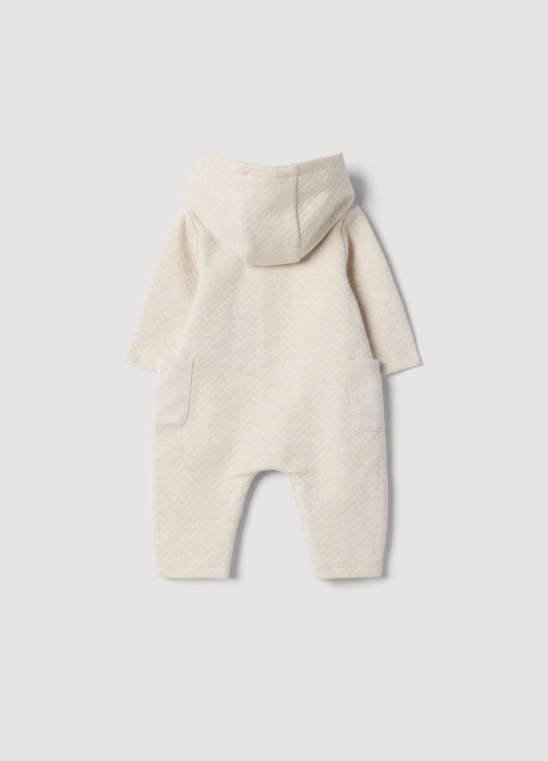 Beige hooded babygrow in organic cotton blend