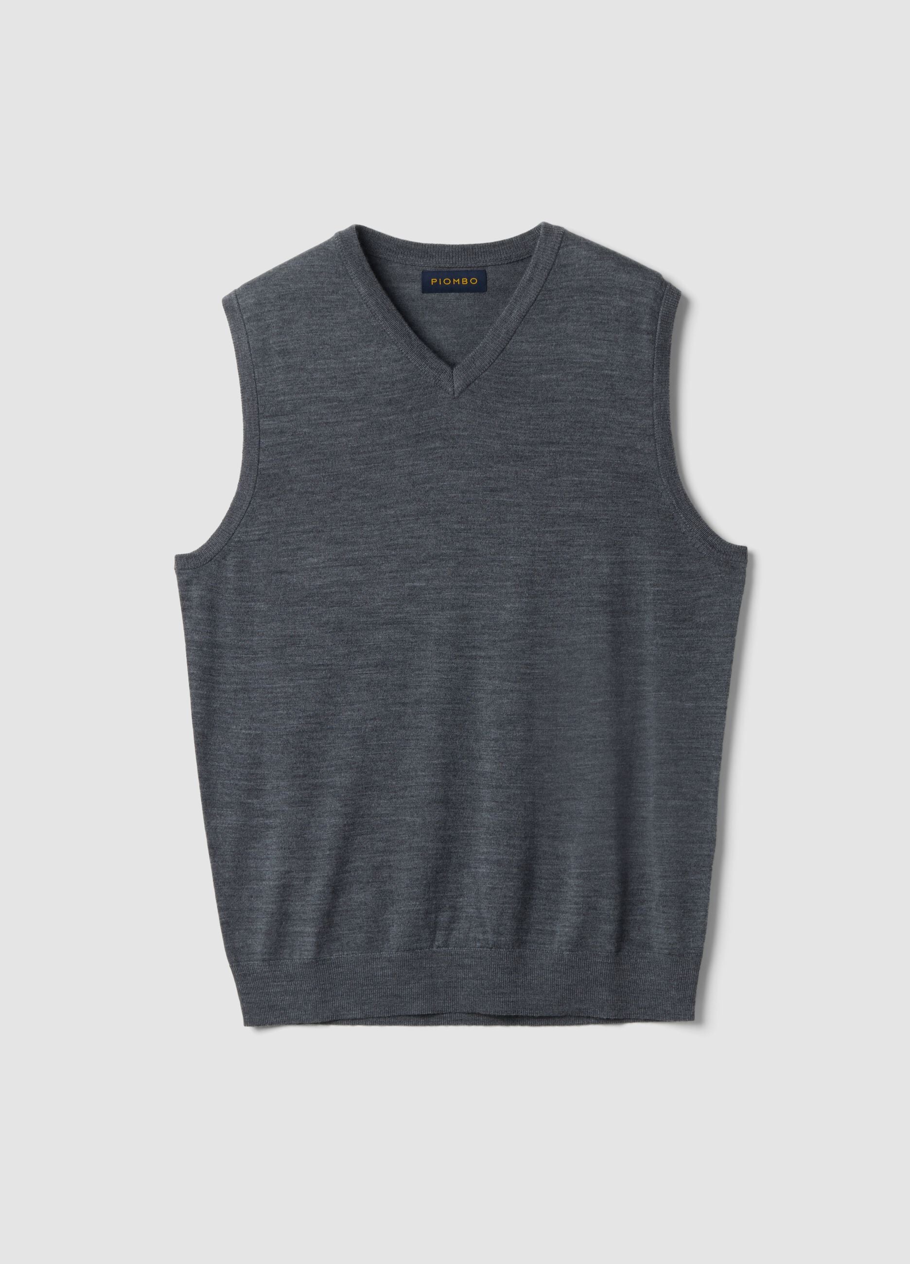 Grey m&eacute;lange pure merino wool deep V-neck waistcoat, regular fit