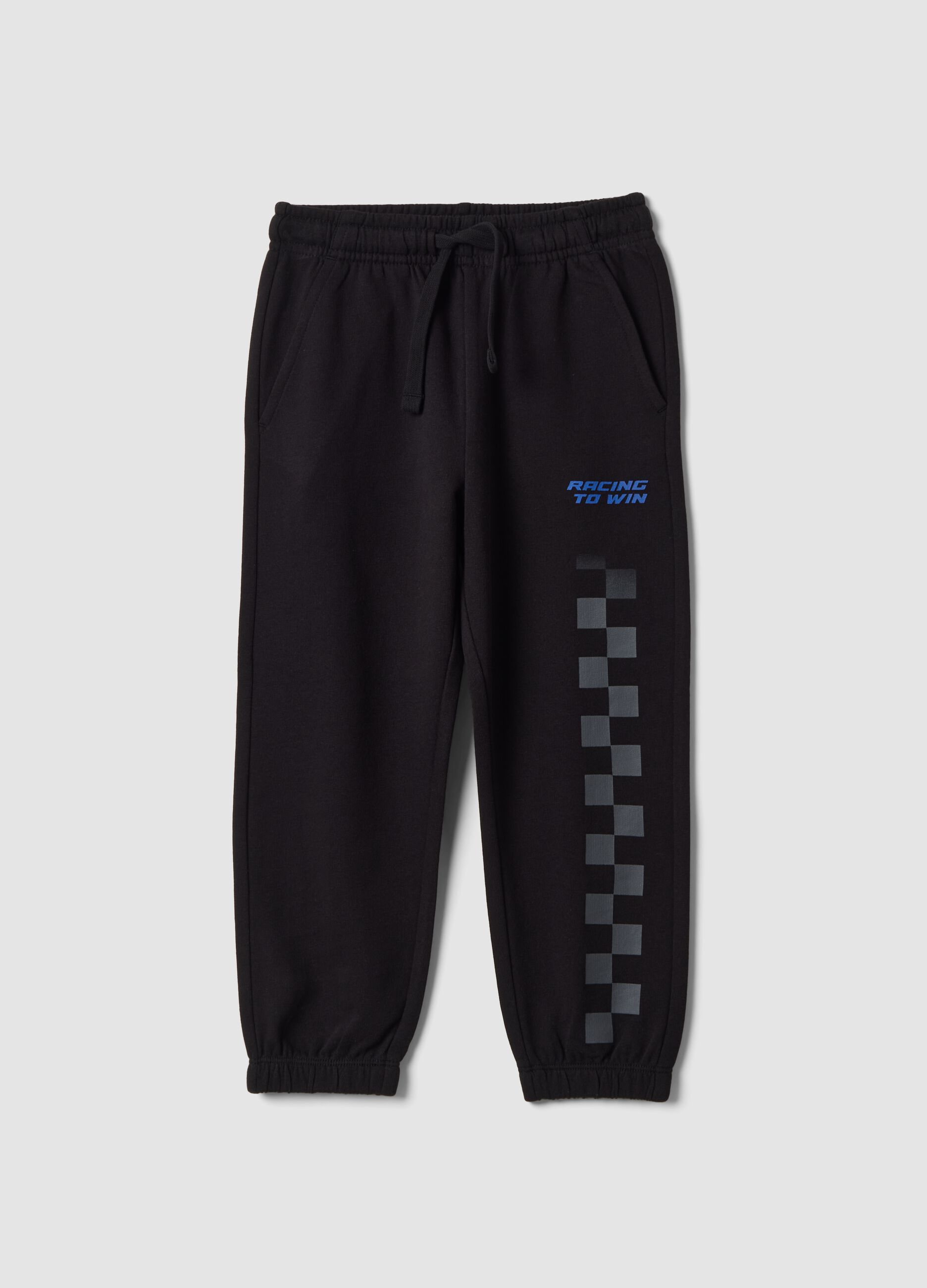 Pantaloni jogger neri in puro cotone con stampa a scacchi