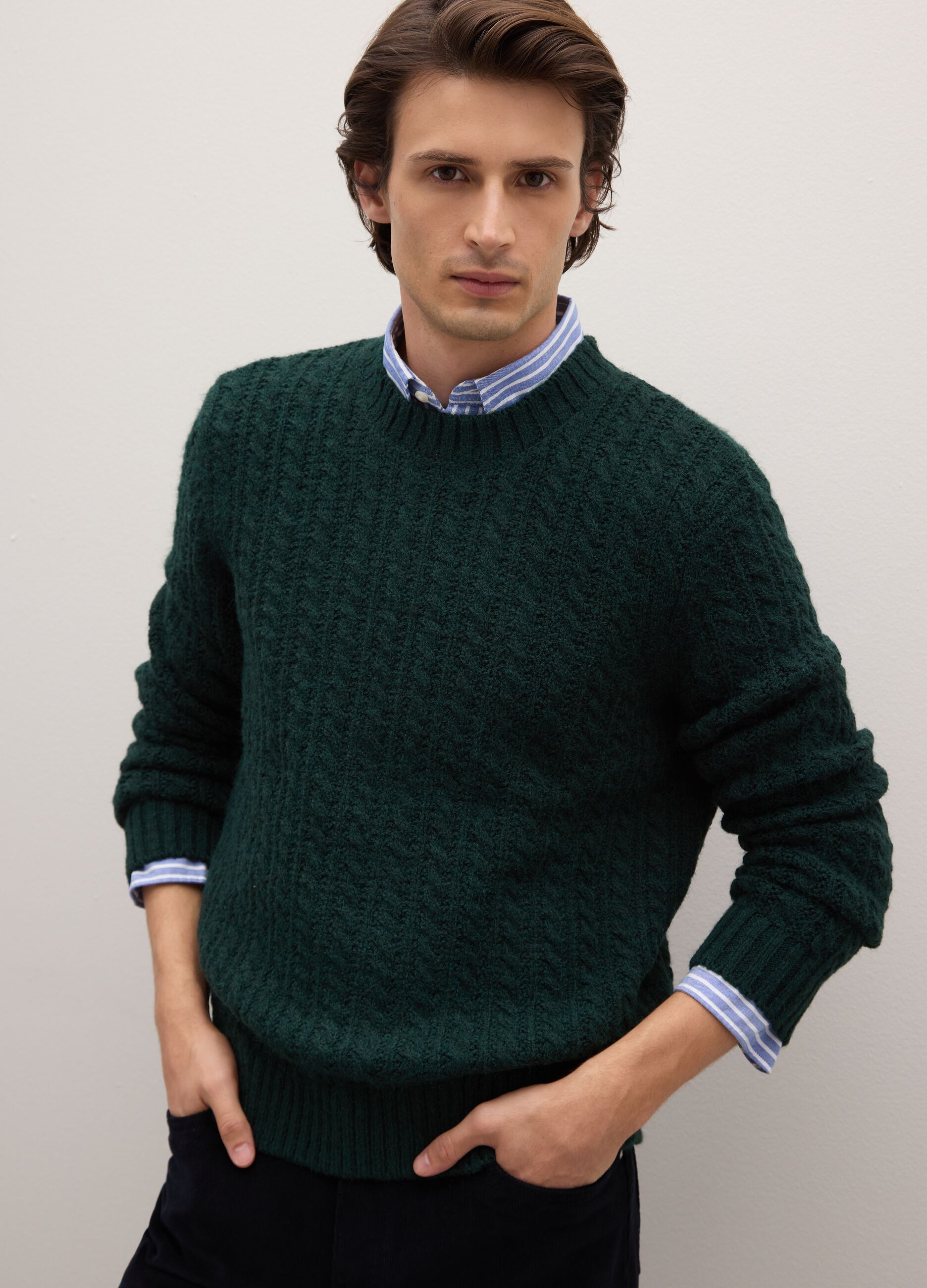 Green Crew Neck Sweater with Regular Fit Jacquard Pattern