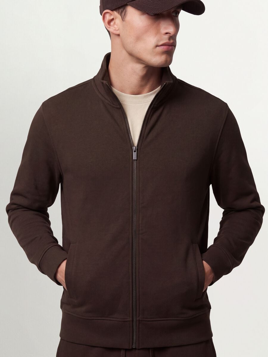 Brown cotton-blend sweatshirt with crew neck and zip, regular fit_4