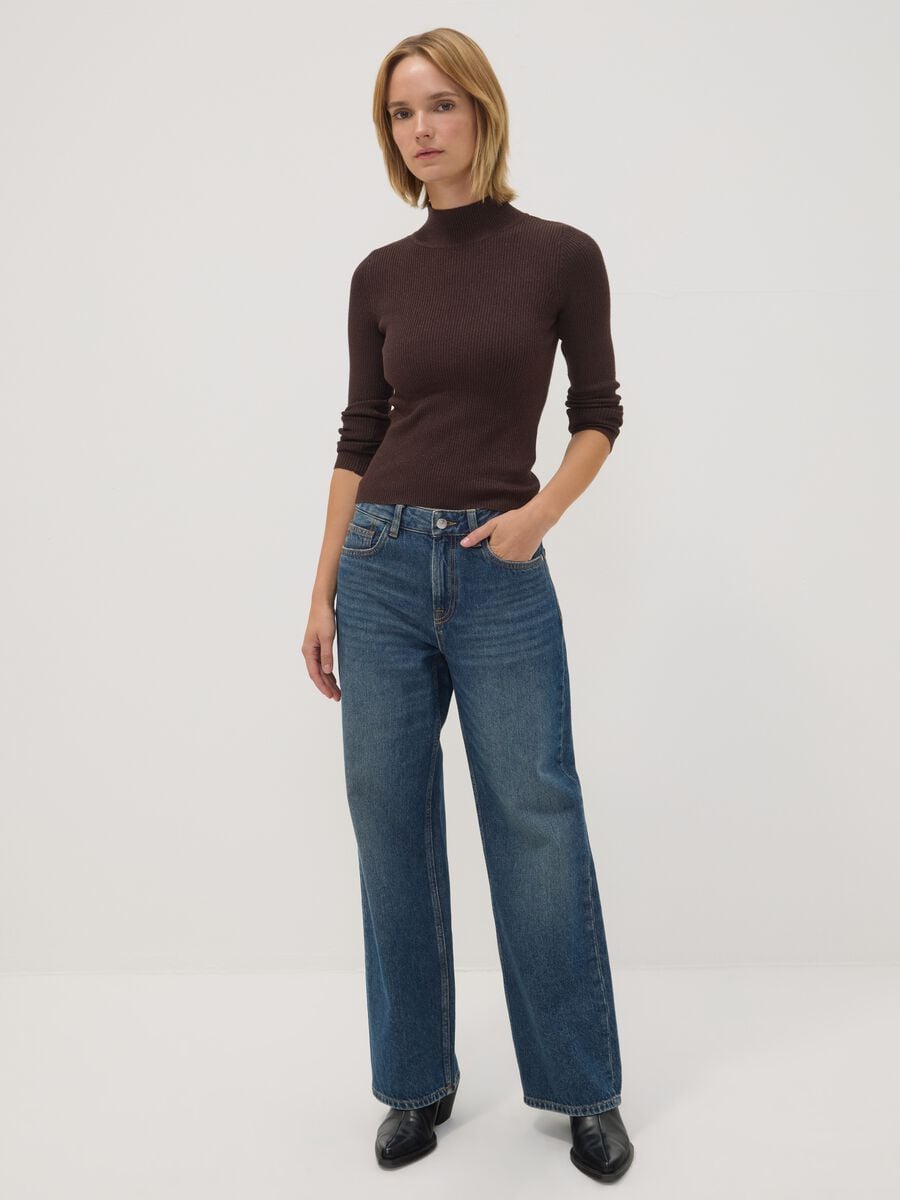 Brown ribbed viscose-blend top with high neck_2