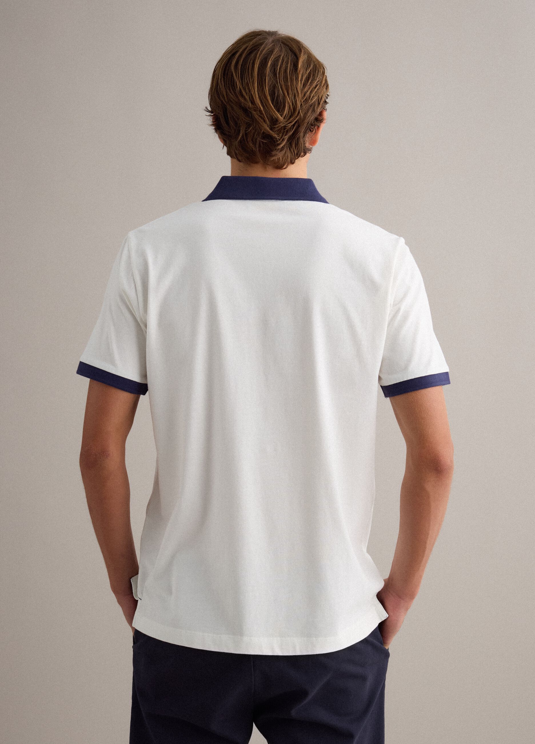 White pure cotton polo shirt with contrasting collar