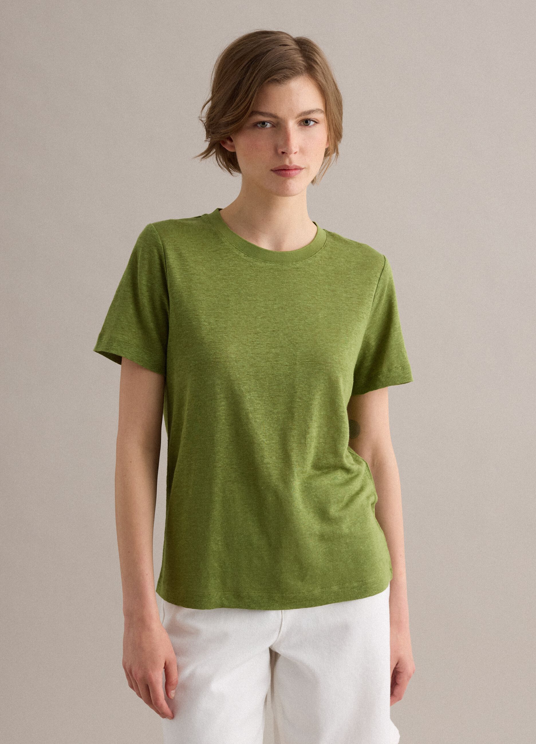 Gr&uuml;nes T-Shirt aus reinem Leinen mit kurzen &Auml;rmeln, Regular Fit