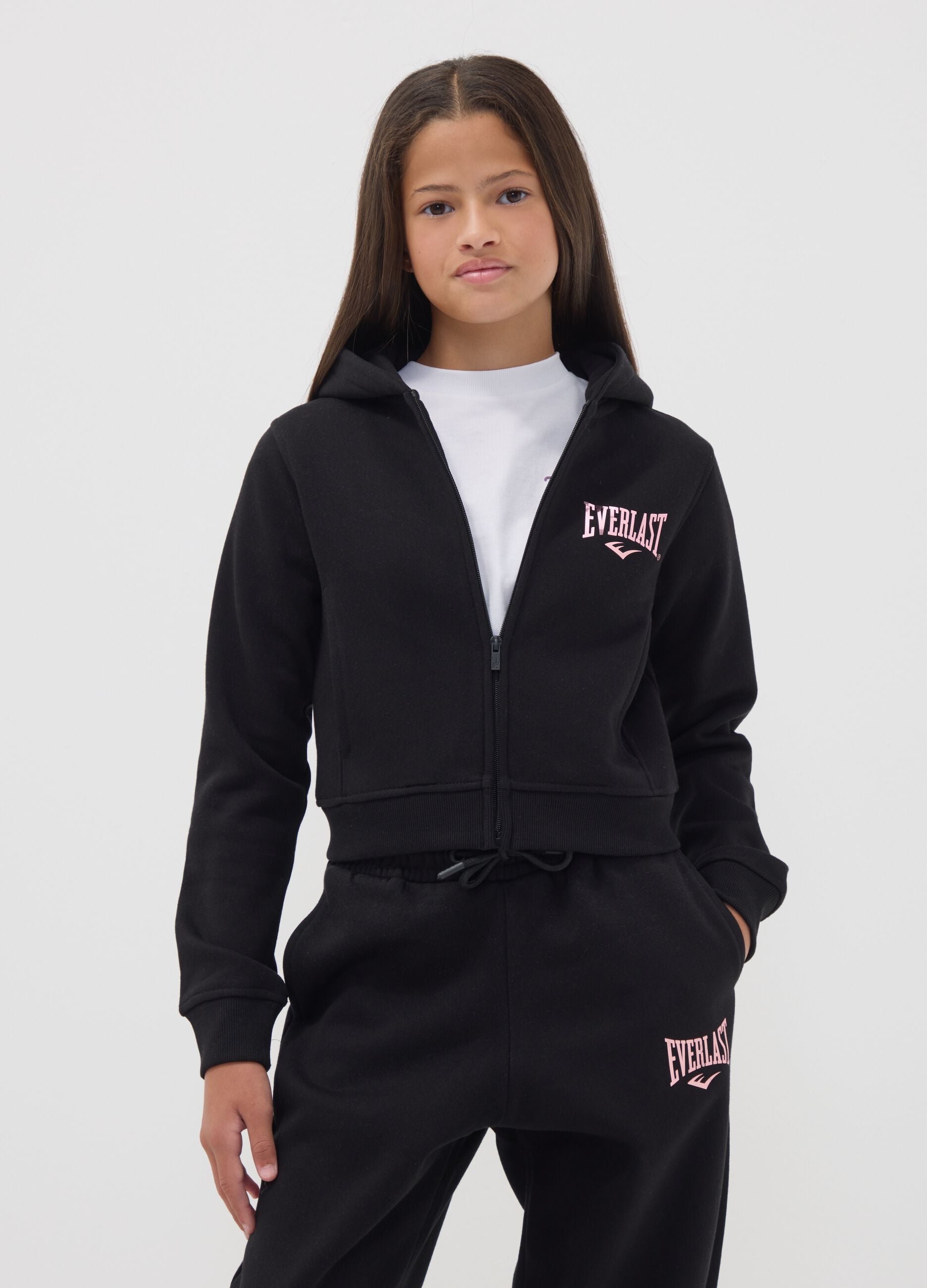 Schwarzer Kapuzenhoodie mit Rei&szlig;verschluss aus Baumwollmischung f&uuml;r M&auml;dchen, Regular Fit