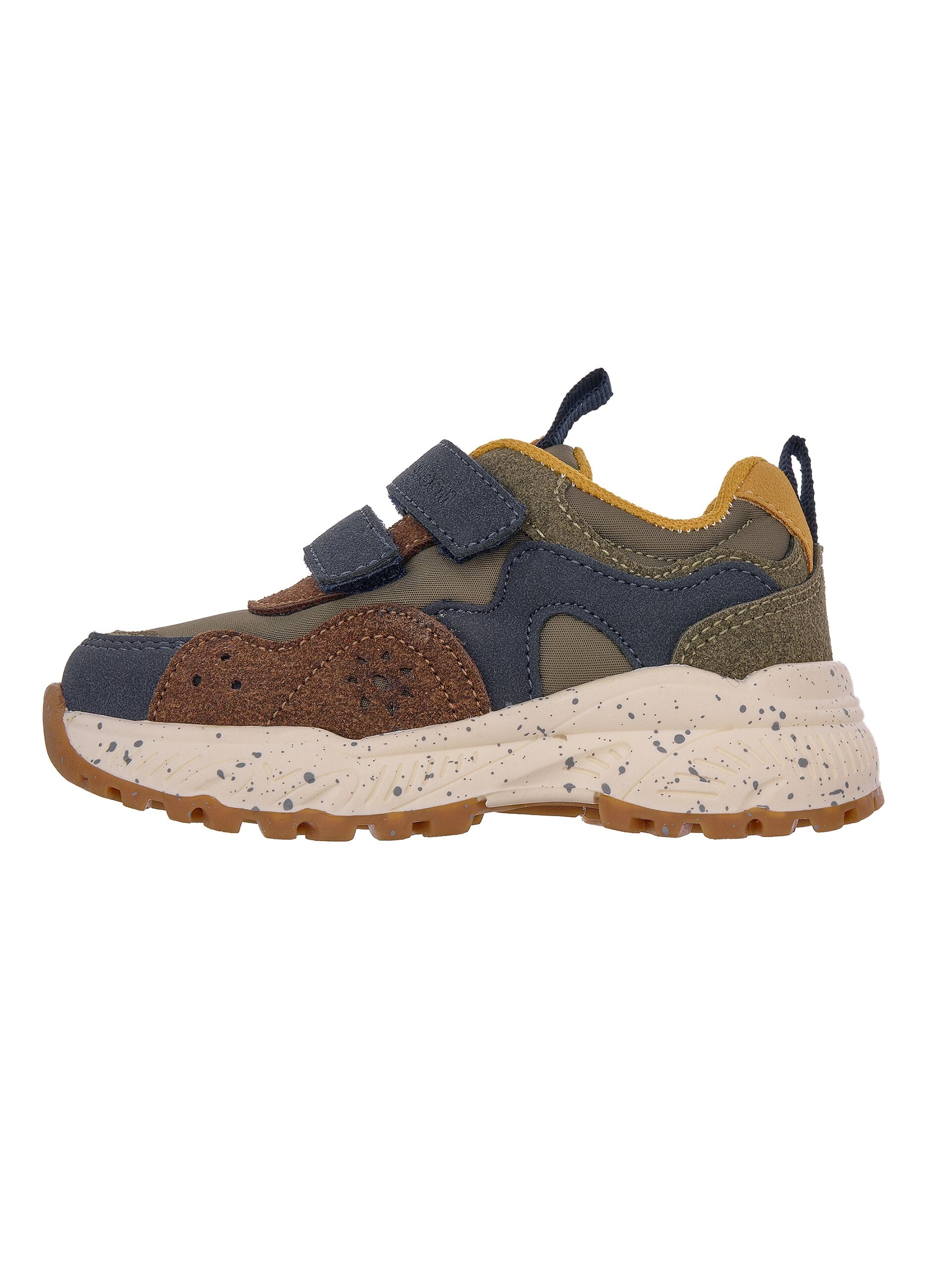 Blue and brown sporty baby shoes with double Velcro fastening