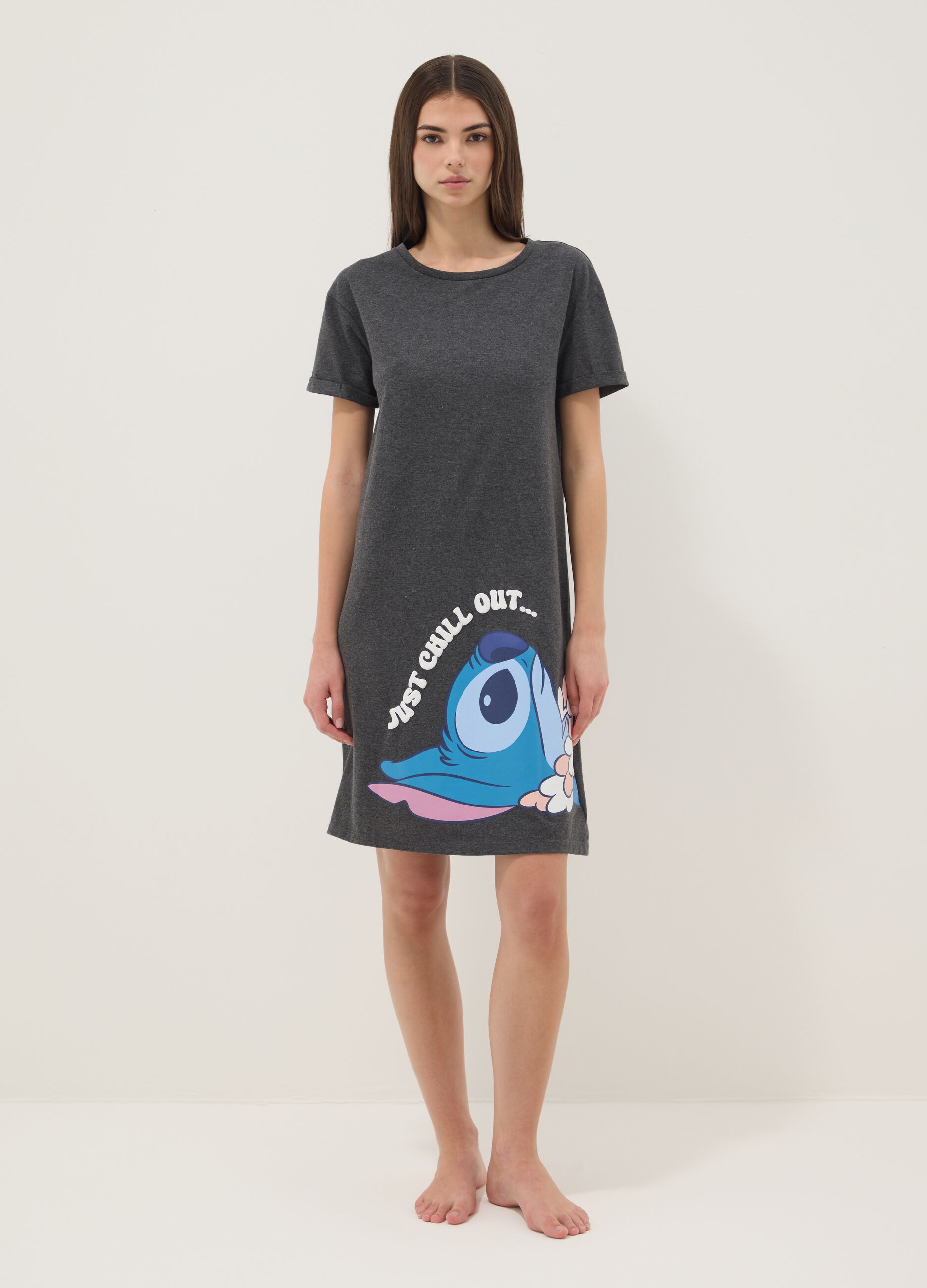 Graues Nachthemd aus reiner Baumwolle mit Stitch-Print