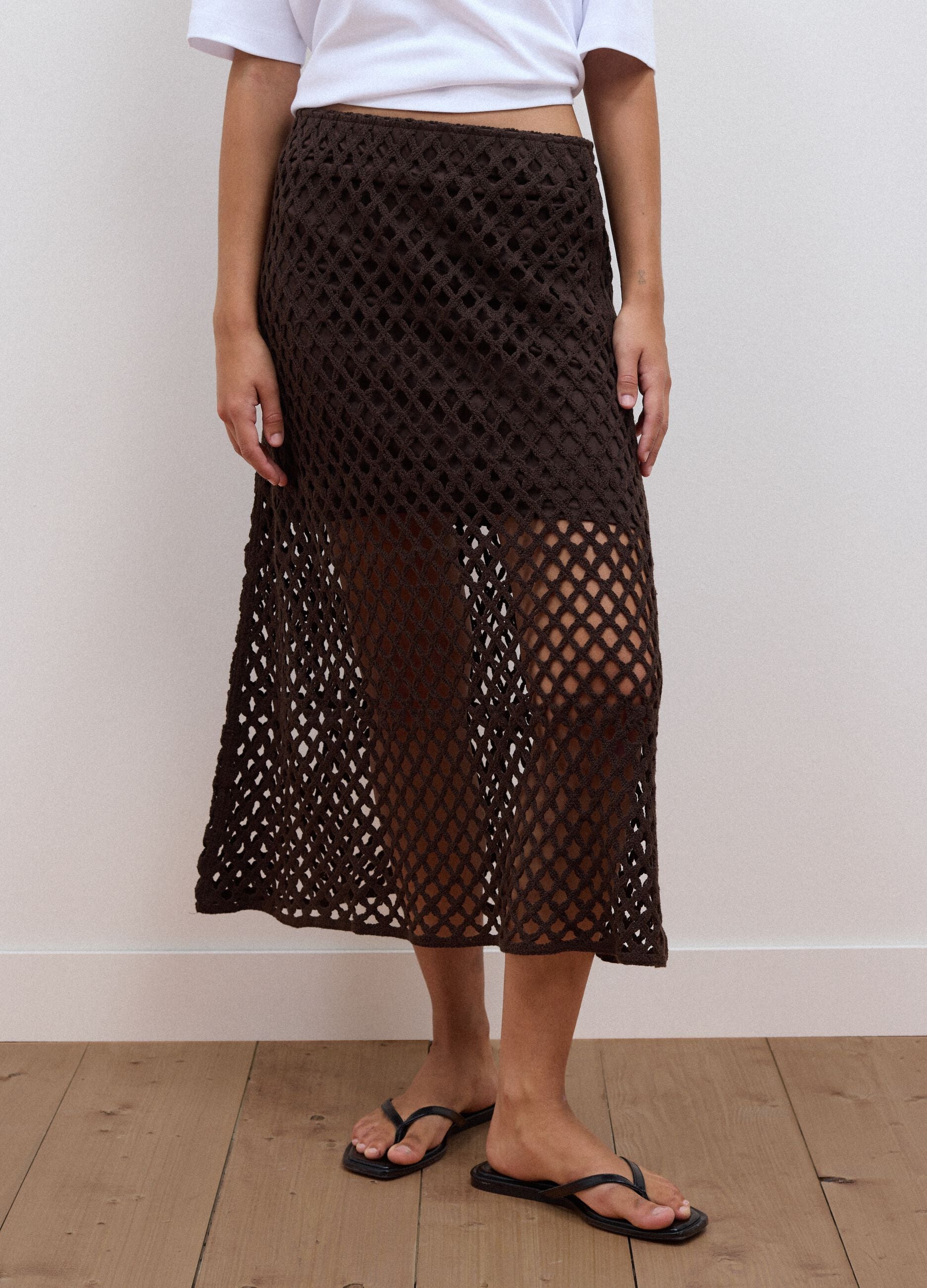 Brown cotton-blend crochet skirt