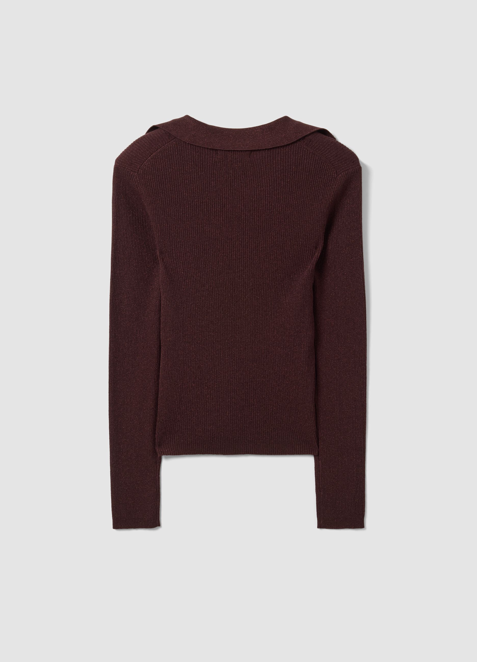 Brown ribbed viscose-blend polo-collar top