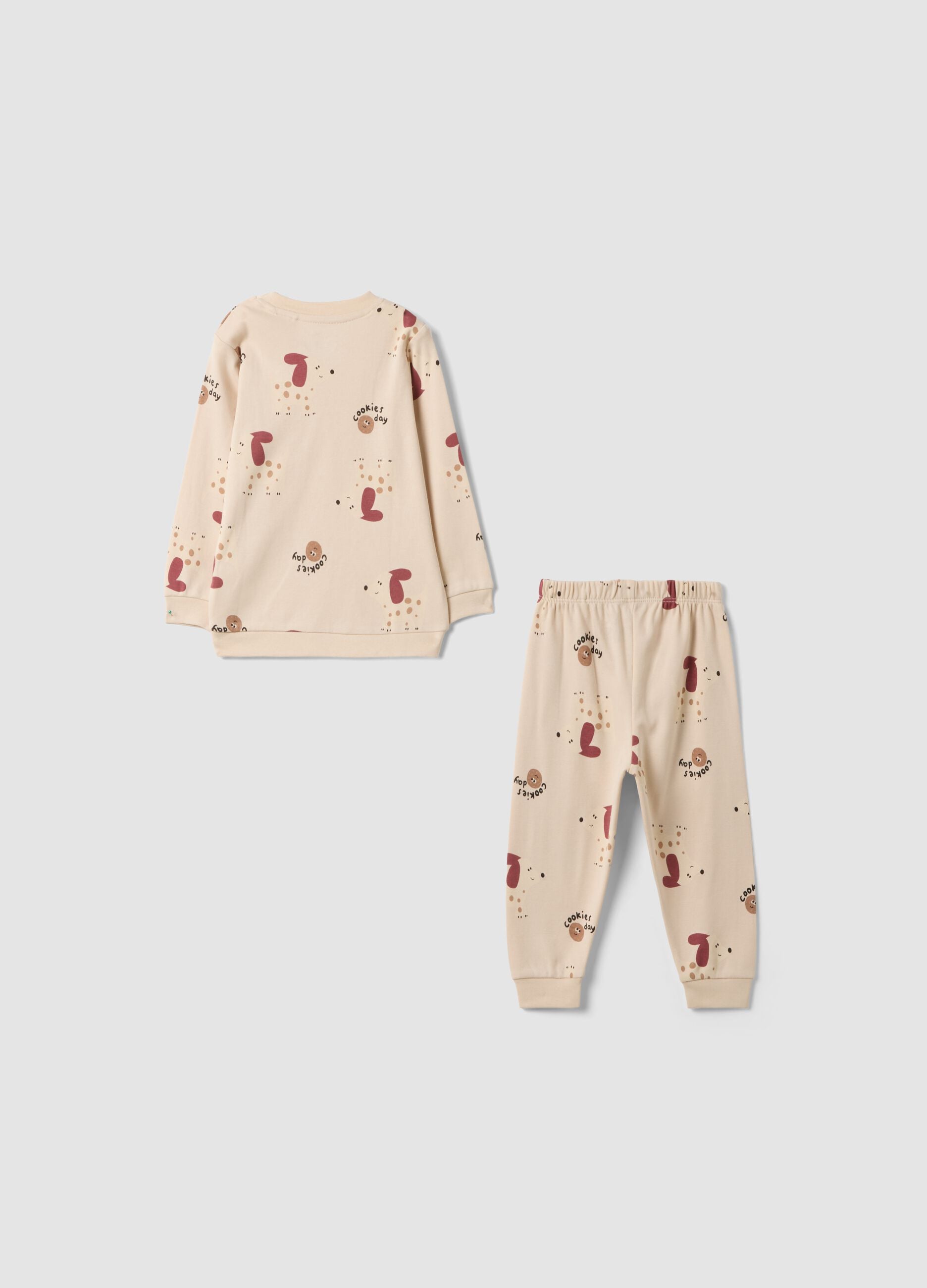 Pigiama beige in puro cotone organico con girocollo e fantasia per neonato