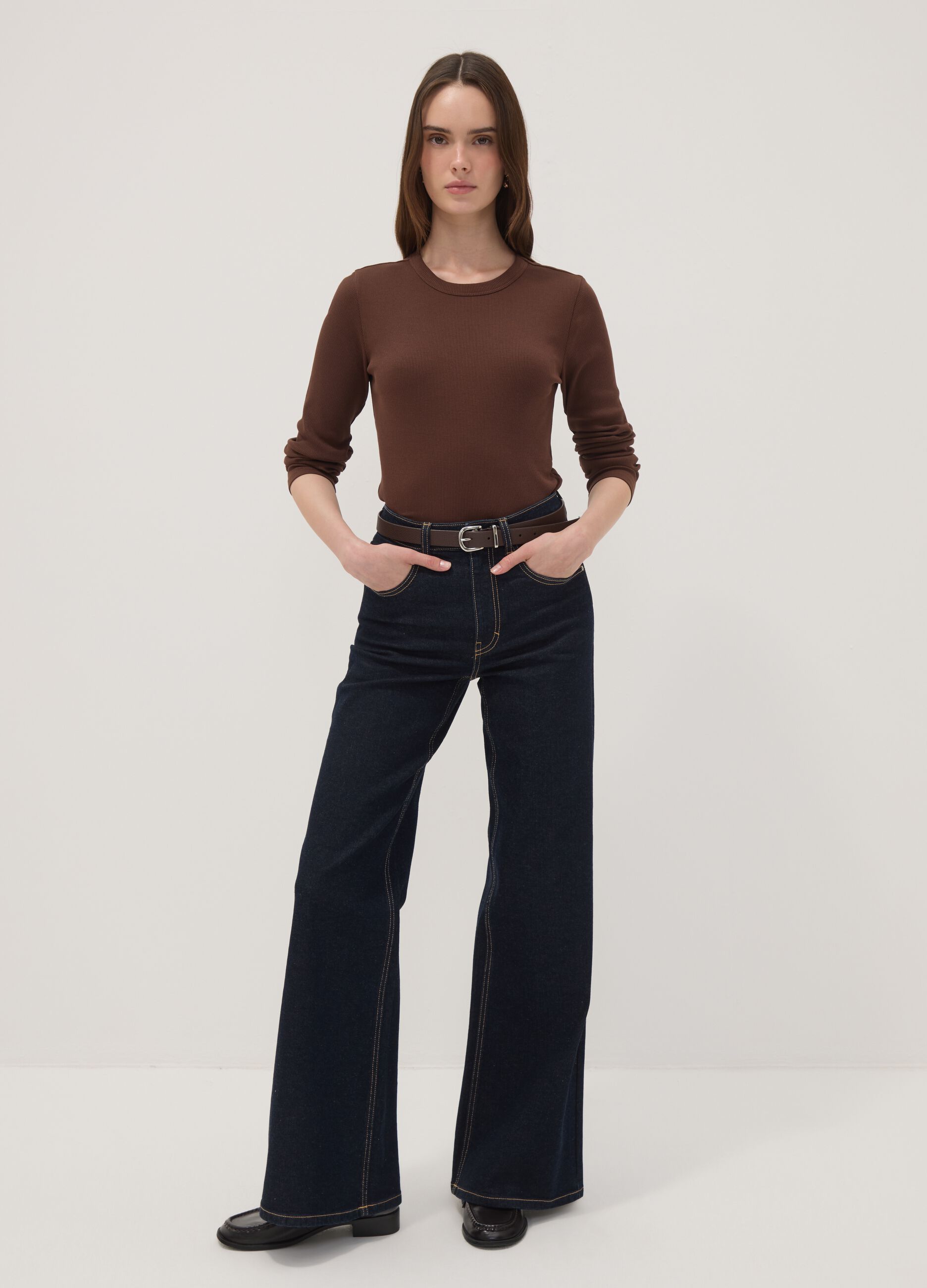 Brown long-sleeve pure cotton T-shirt
