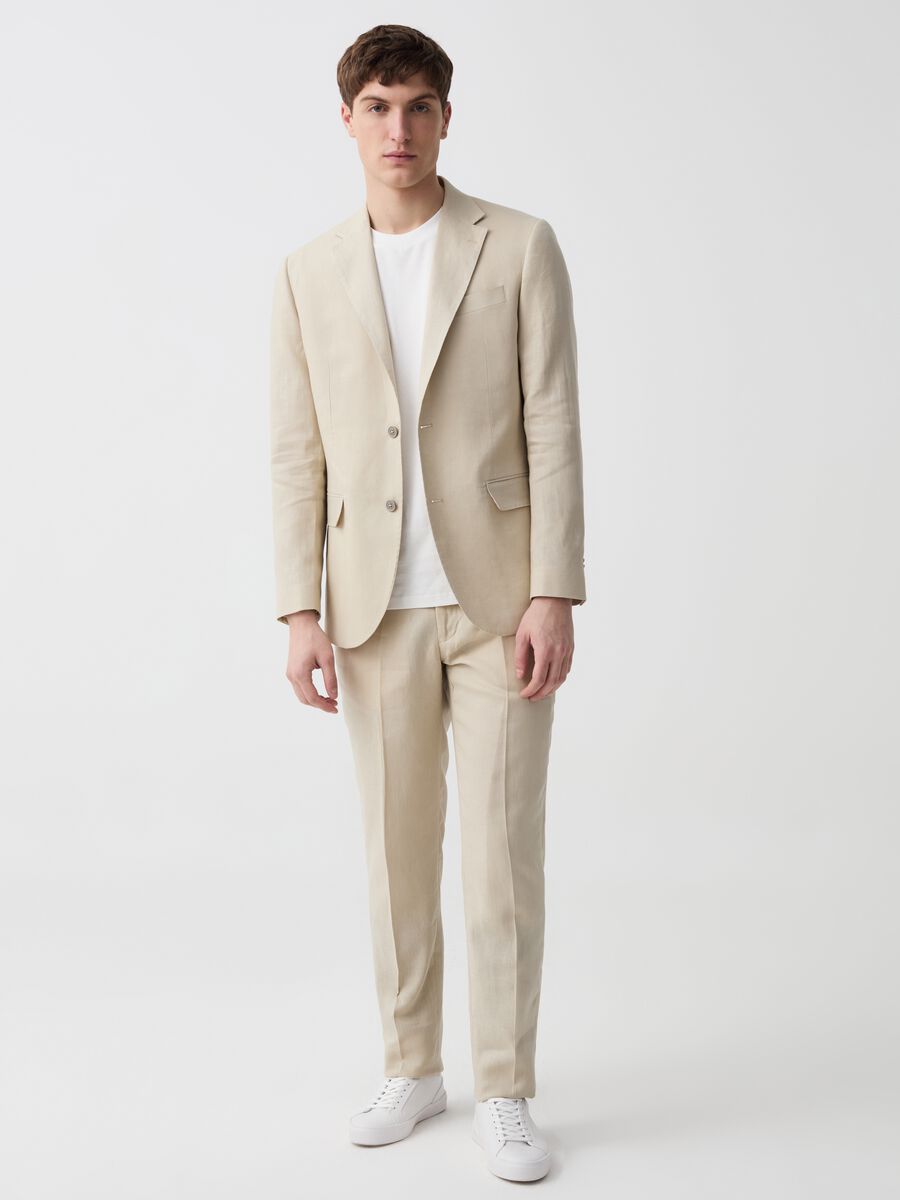 Slim-fit single-breasted blazer in solid colour linen_1