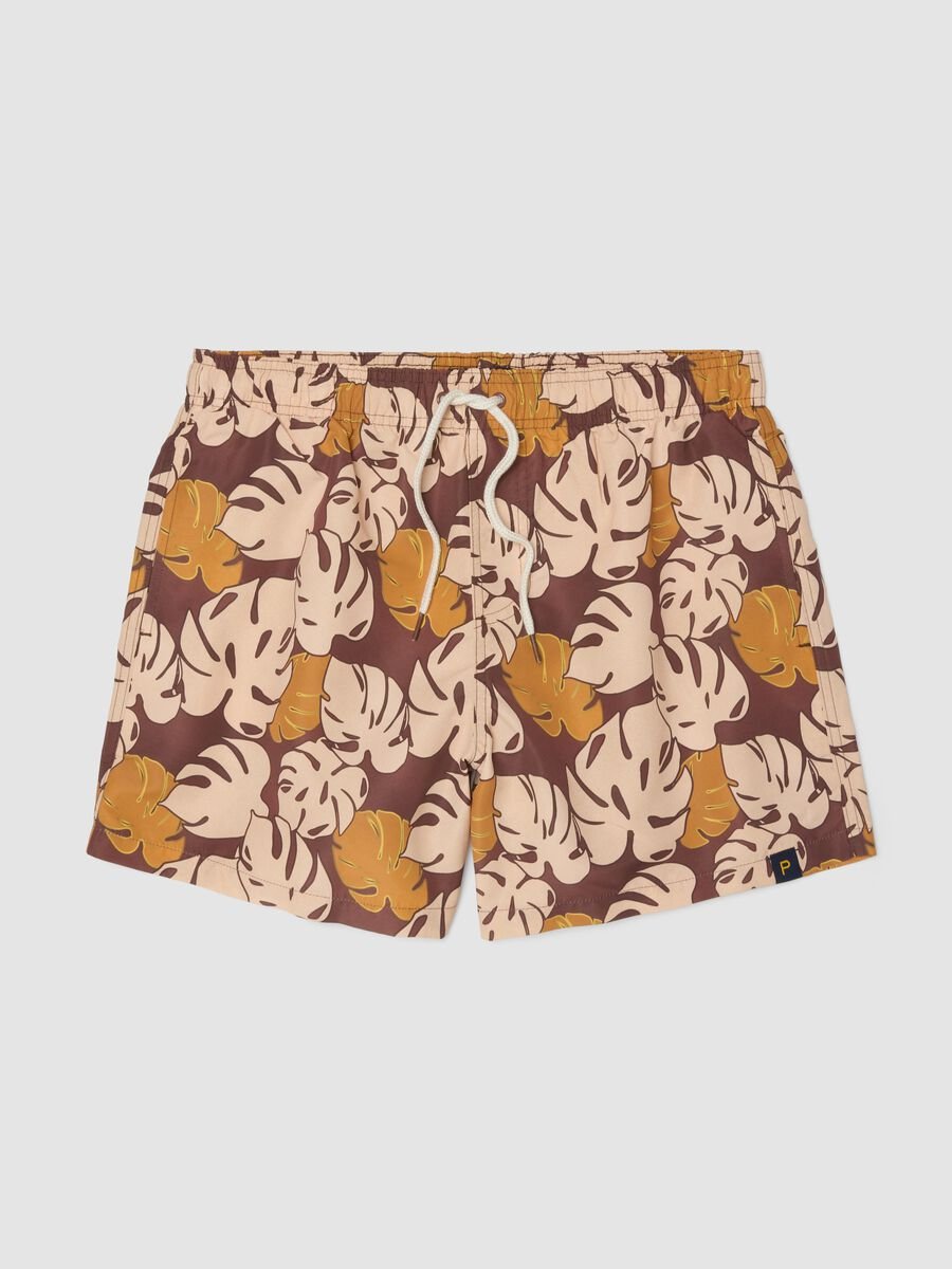 Brown tropical-print swim shorts_0