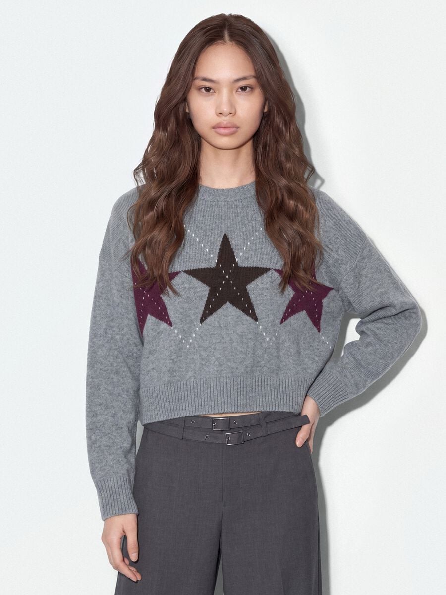 Grey stretch top with star jacquard pattern, oversized fit_0