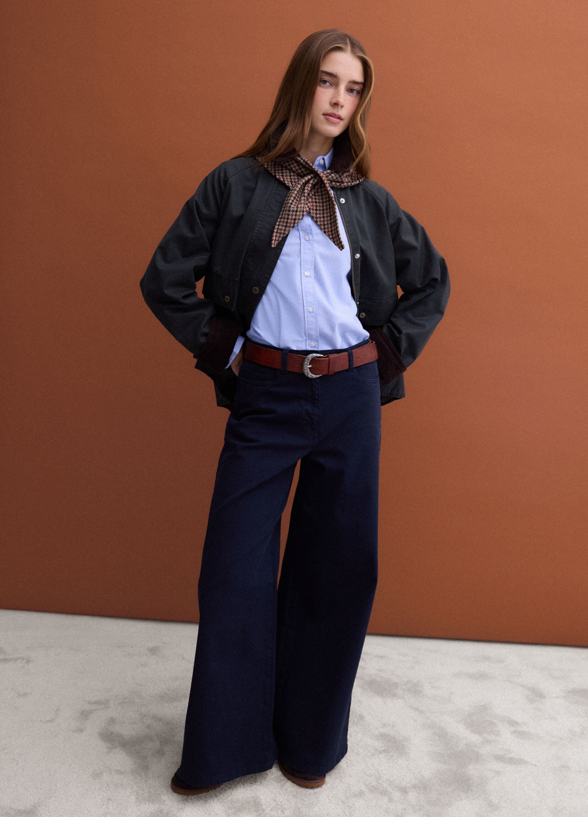Blue cotton-blend parka with velvet collar