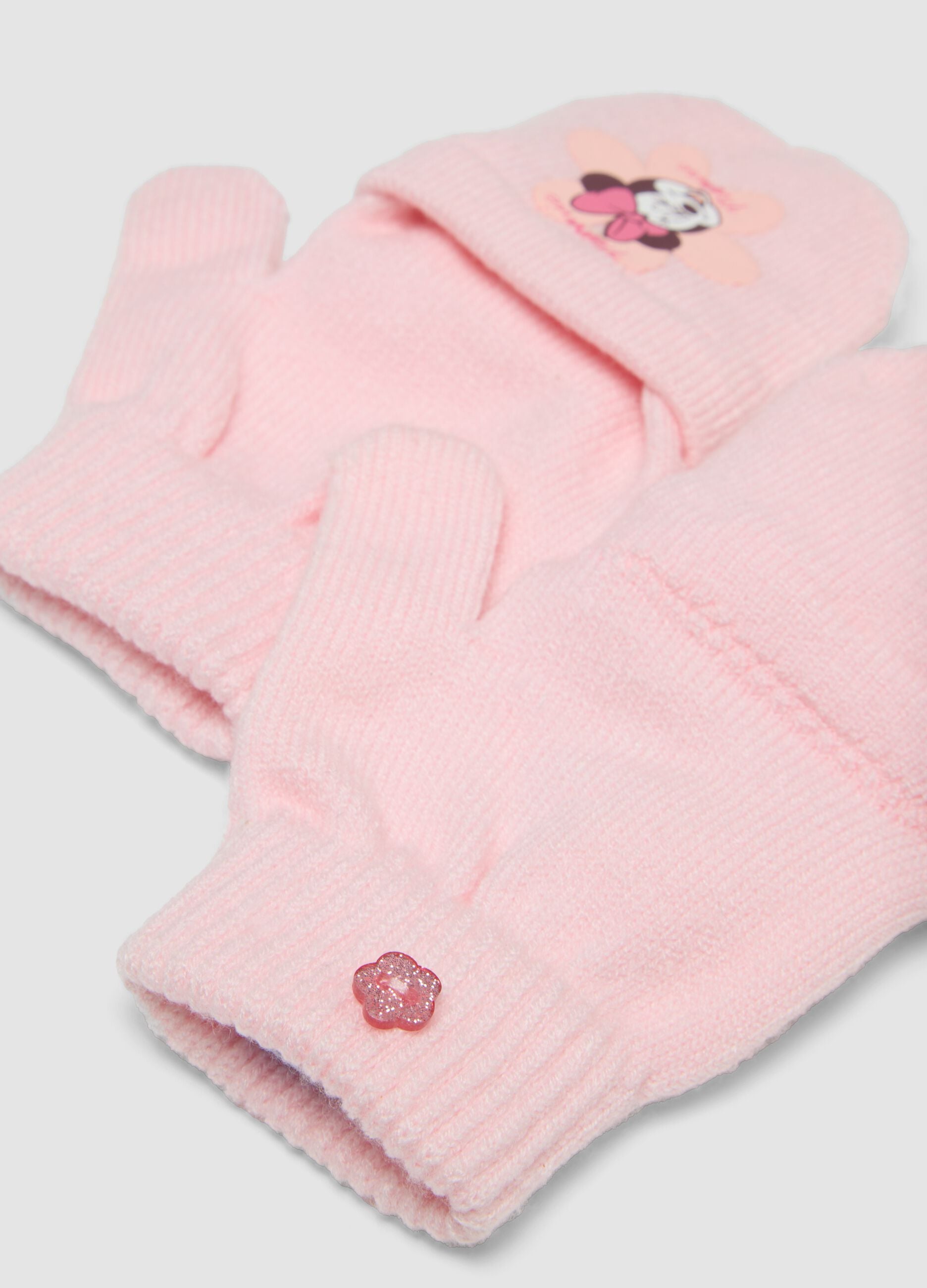 Luvas cor-de-rosa em mistura de viscose com aba convers&iacute;vel e motivo Minnie