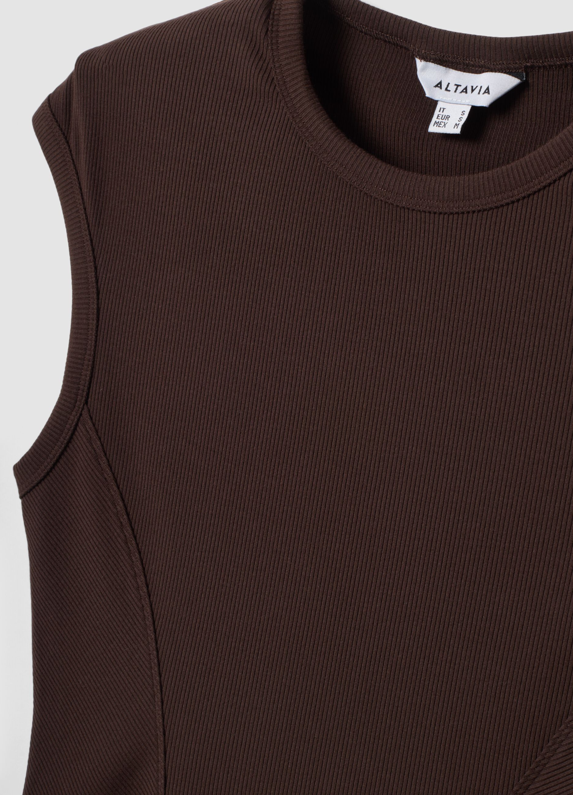 Brown ribbed stretch modal crew-neck top