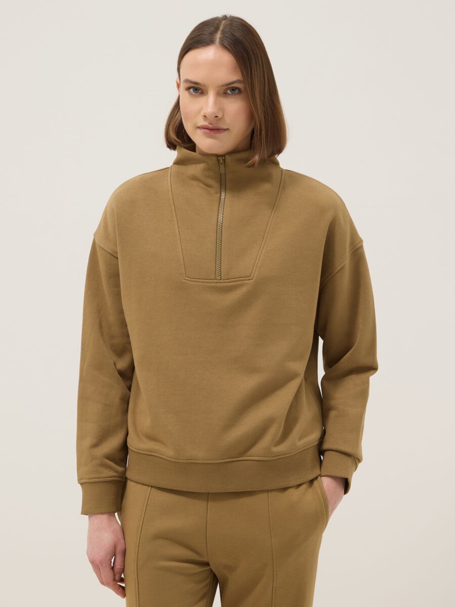 Brown cotton blend zip-up sweatshirt_0