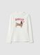T-shirt bianca in puro cotone organico con collo rialzato e stampa cagnolino_0