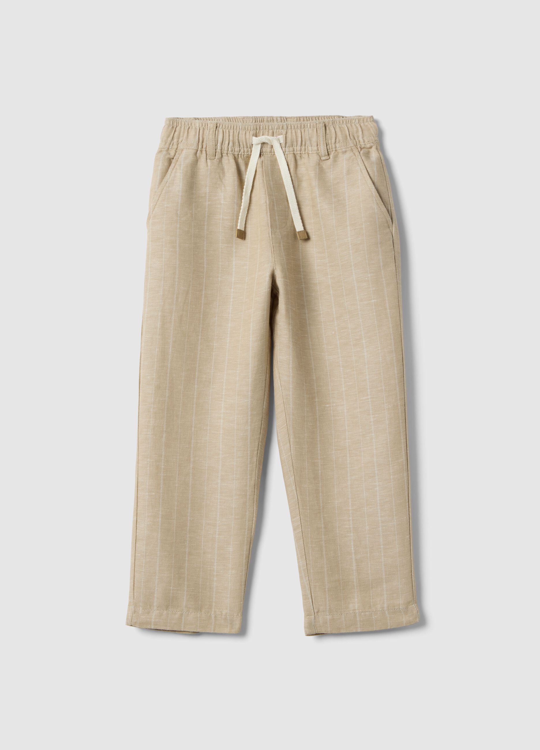Children's Regular Fit Beige Striped Linen Blend Trousers