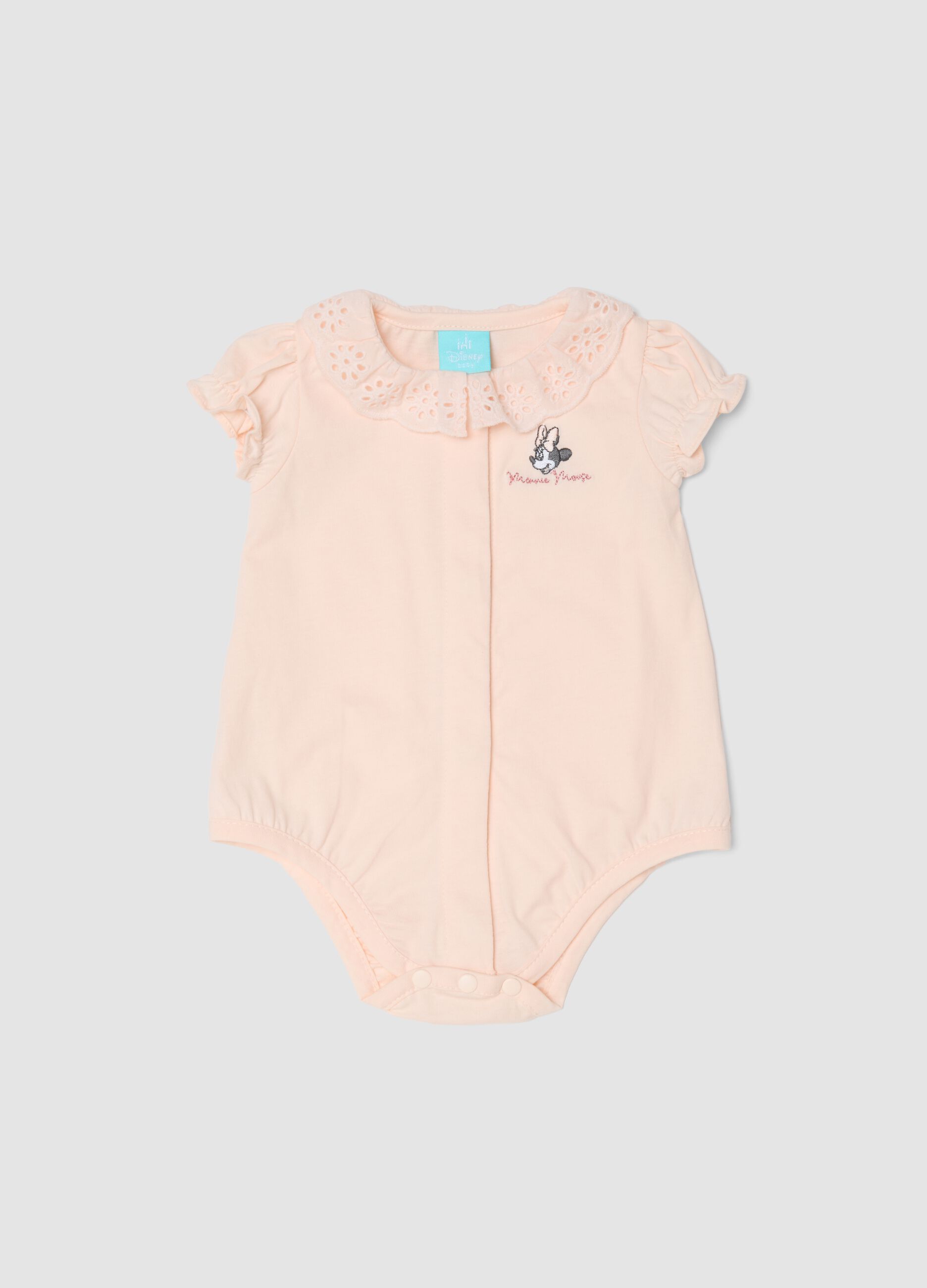 Pink pure-cotton baby girl bodysuit with collar and Minnie embroidery