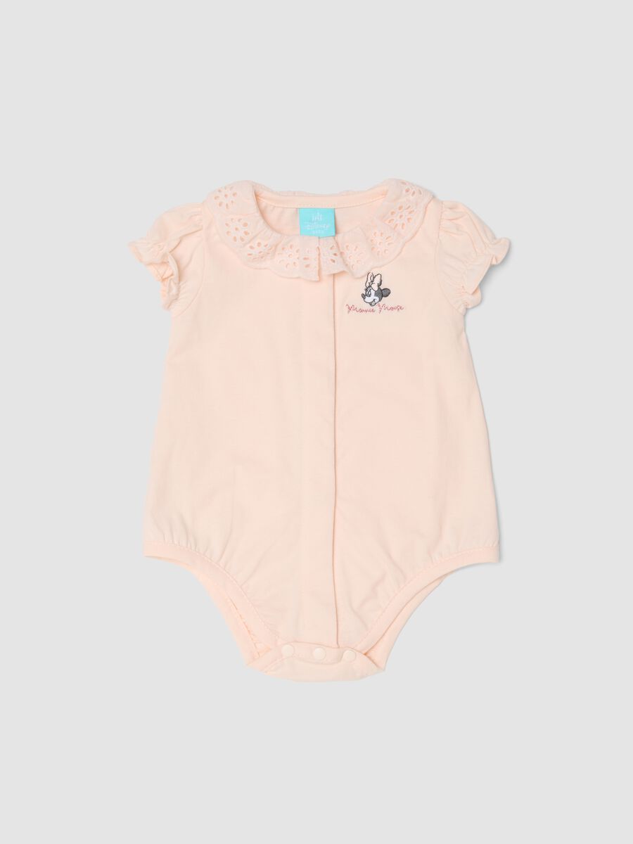 Pink pure-cotton baby girl bodysuit with collar and Minnie embroidery_0