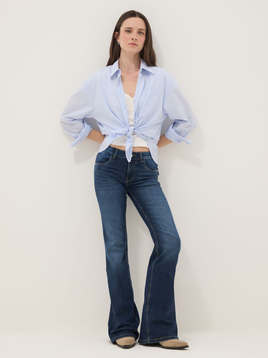 Blue Stretch Denim Cotton Flare Trousers_0