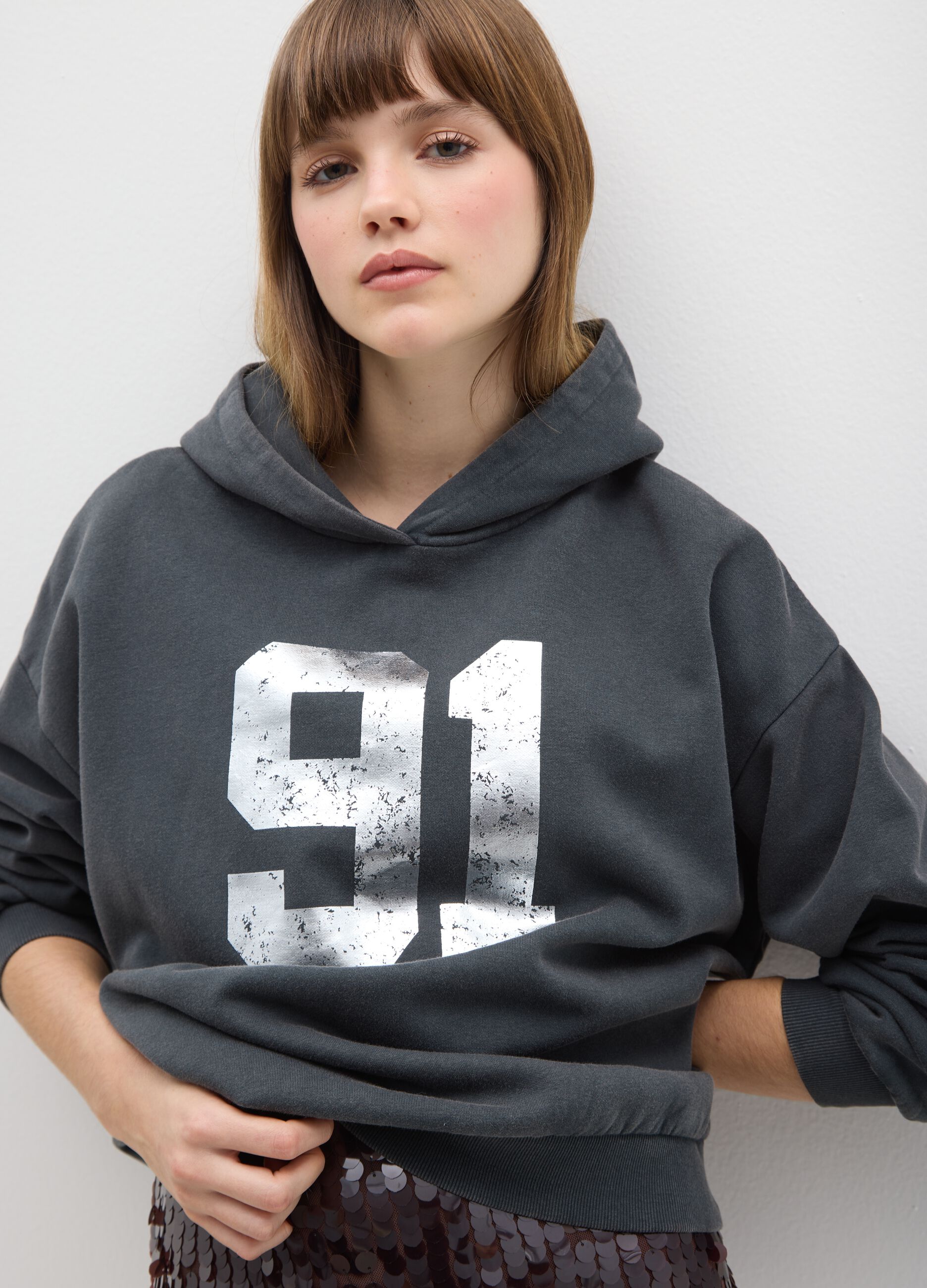 Grey cotton blend regular fit hoodie with print