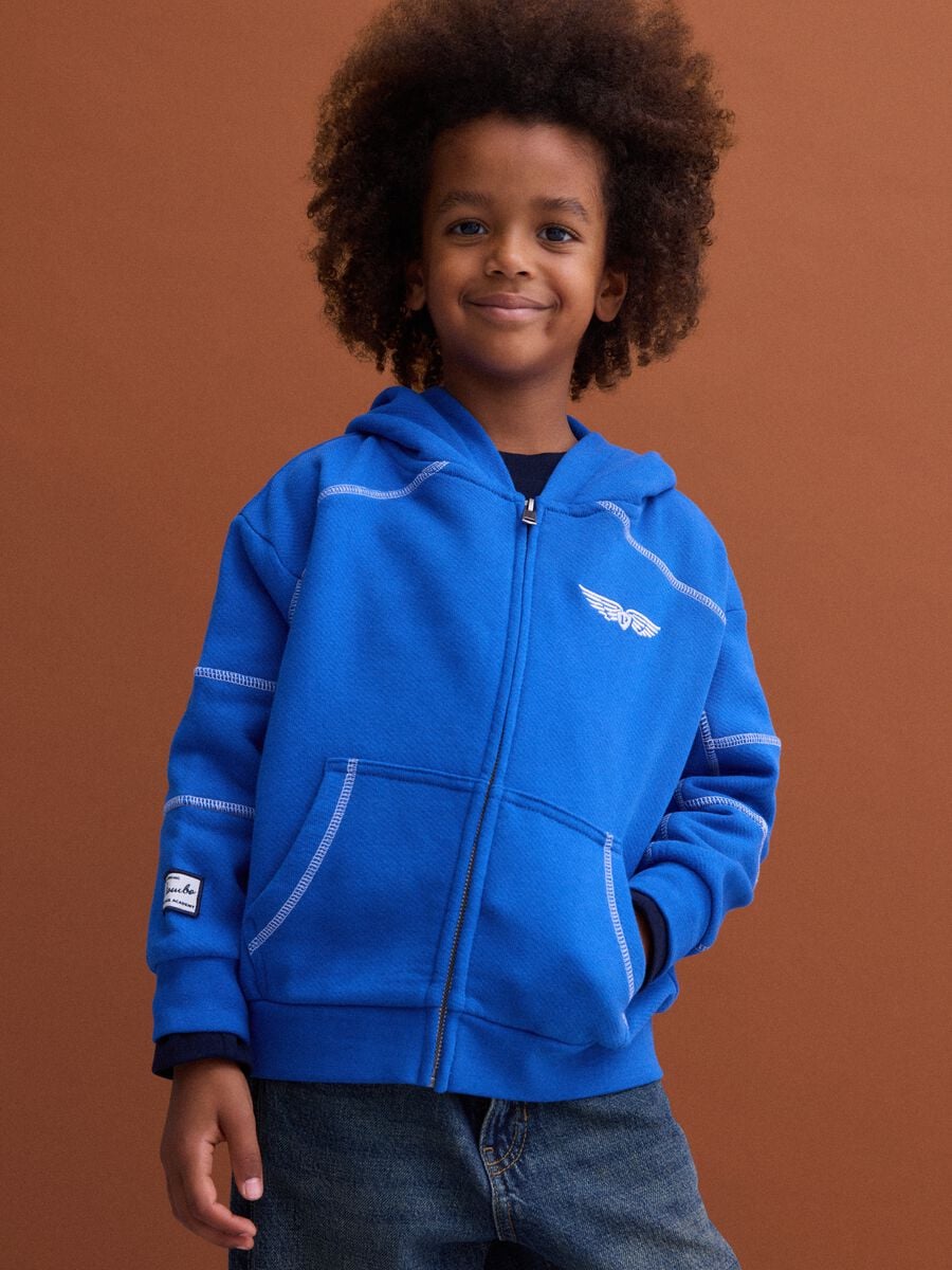 Blue pure cotton oversized hoodie with chest embroidery_0