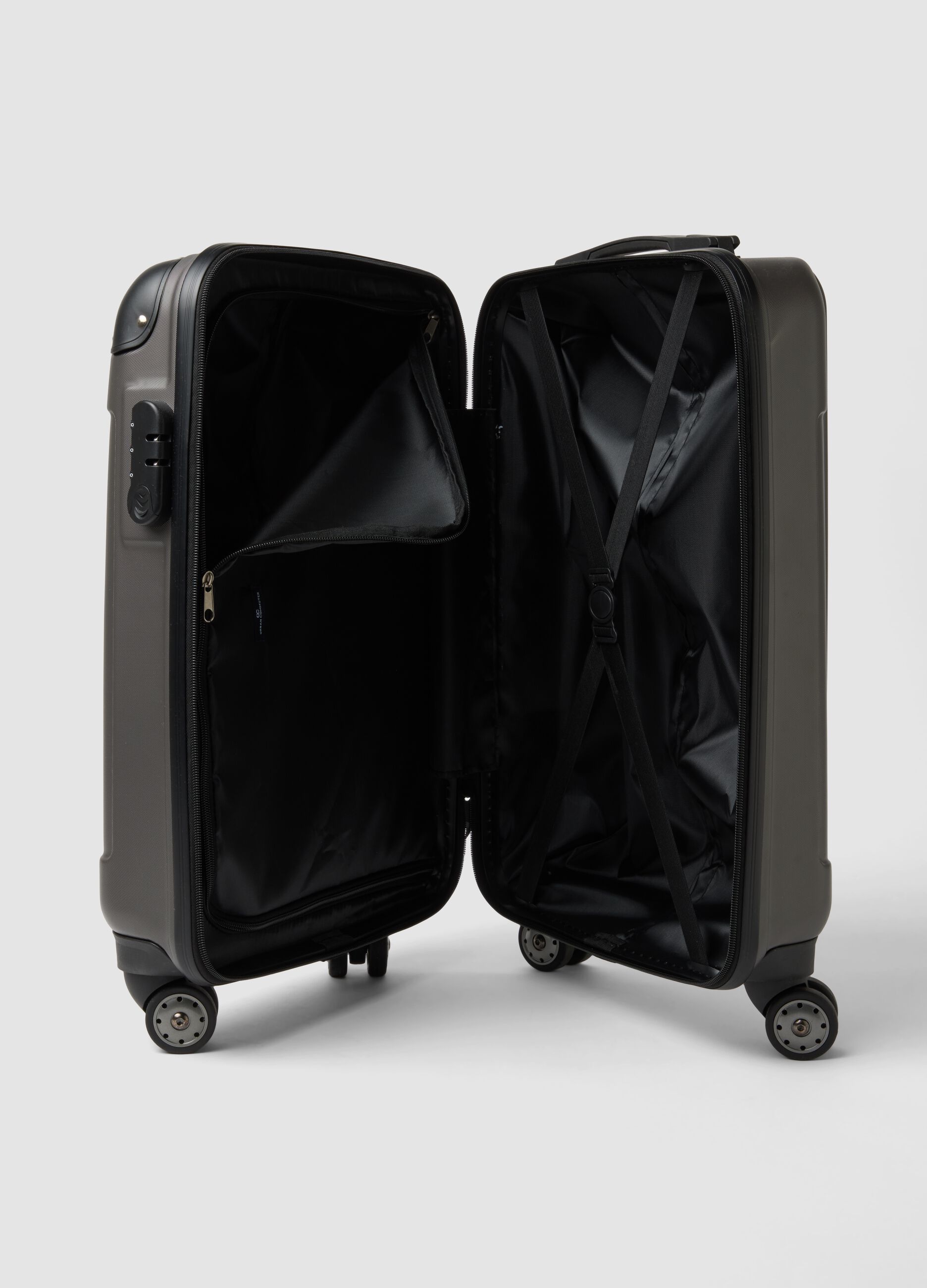 Grey hard-shell travel trolley suitcase with wheels