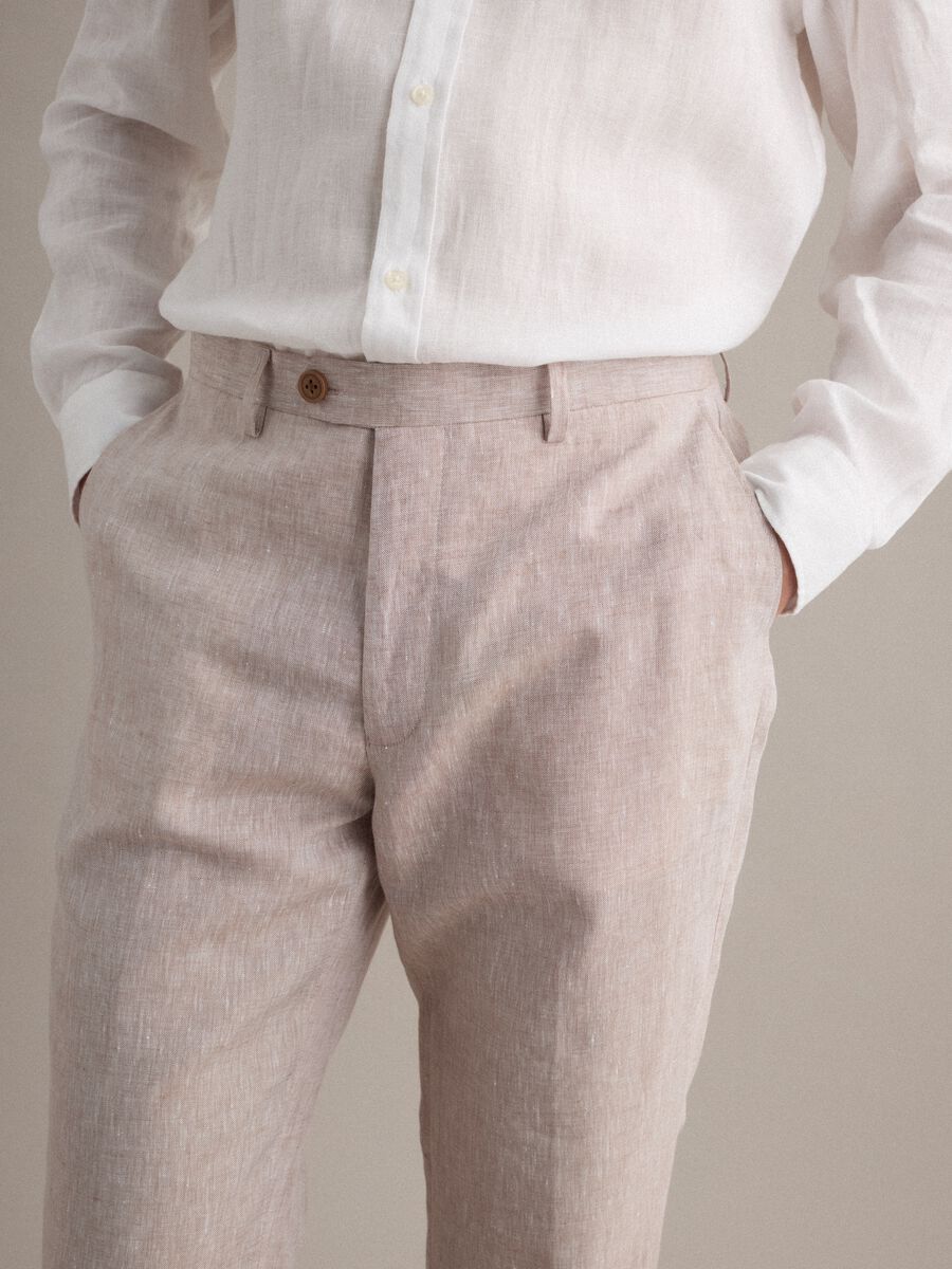 Cal&ccedil;as slim fit de linho puro bege_3