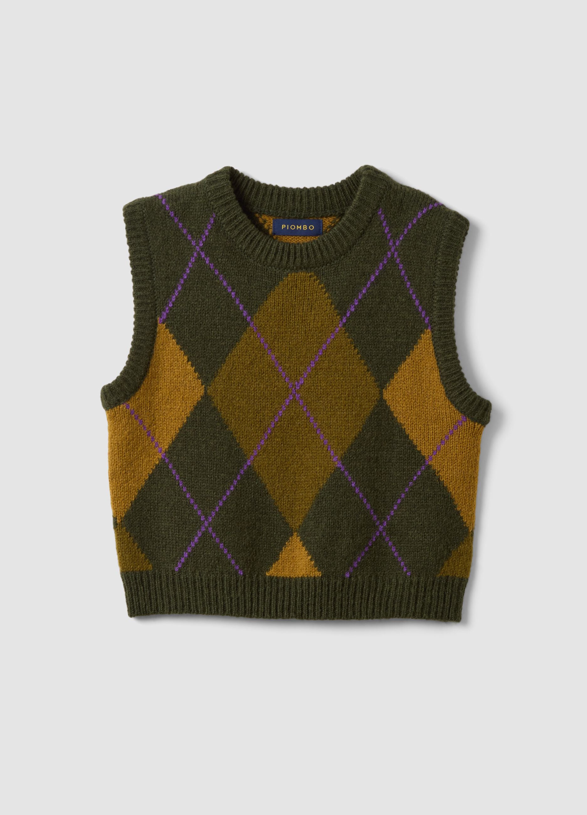 Green jacquard wool-blend crew-neck gilet, regular fit