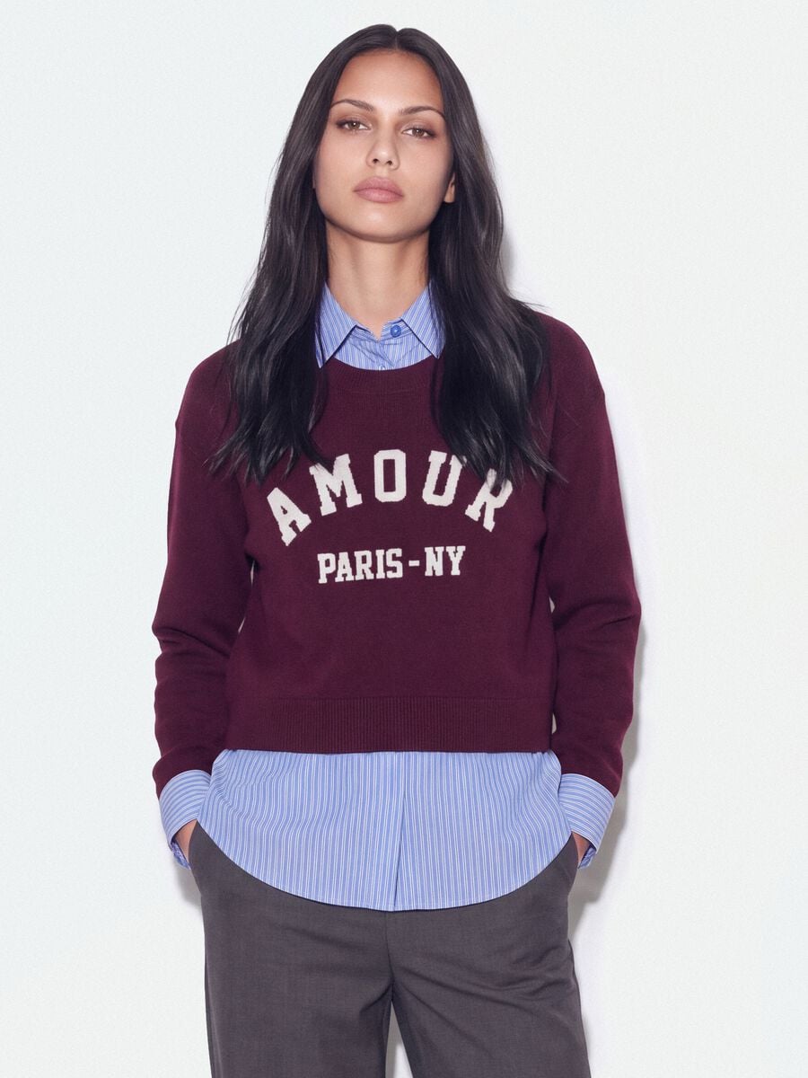 Purple viscose and wool-blend jumper with V-neck and shirt insert_1