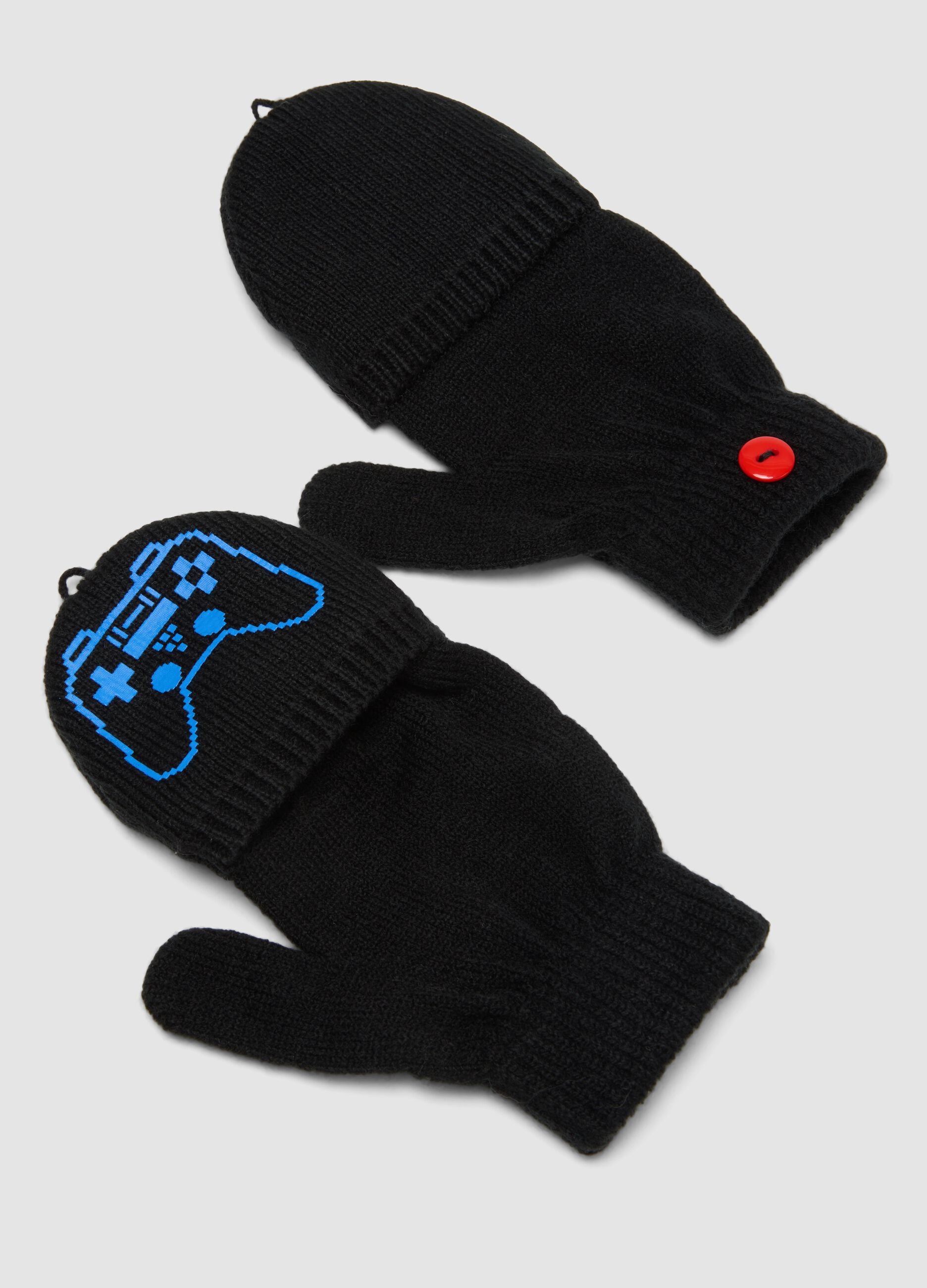 Schwarze, wandelbare Handschuhe mit Videogame-Print