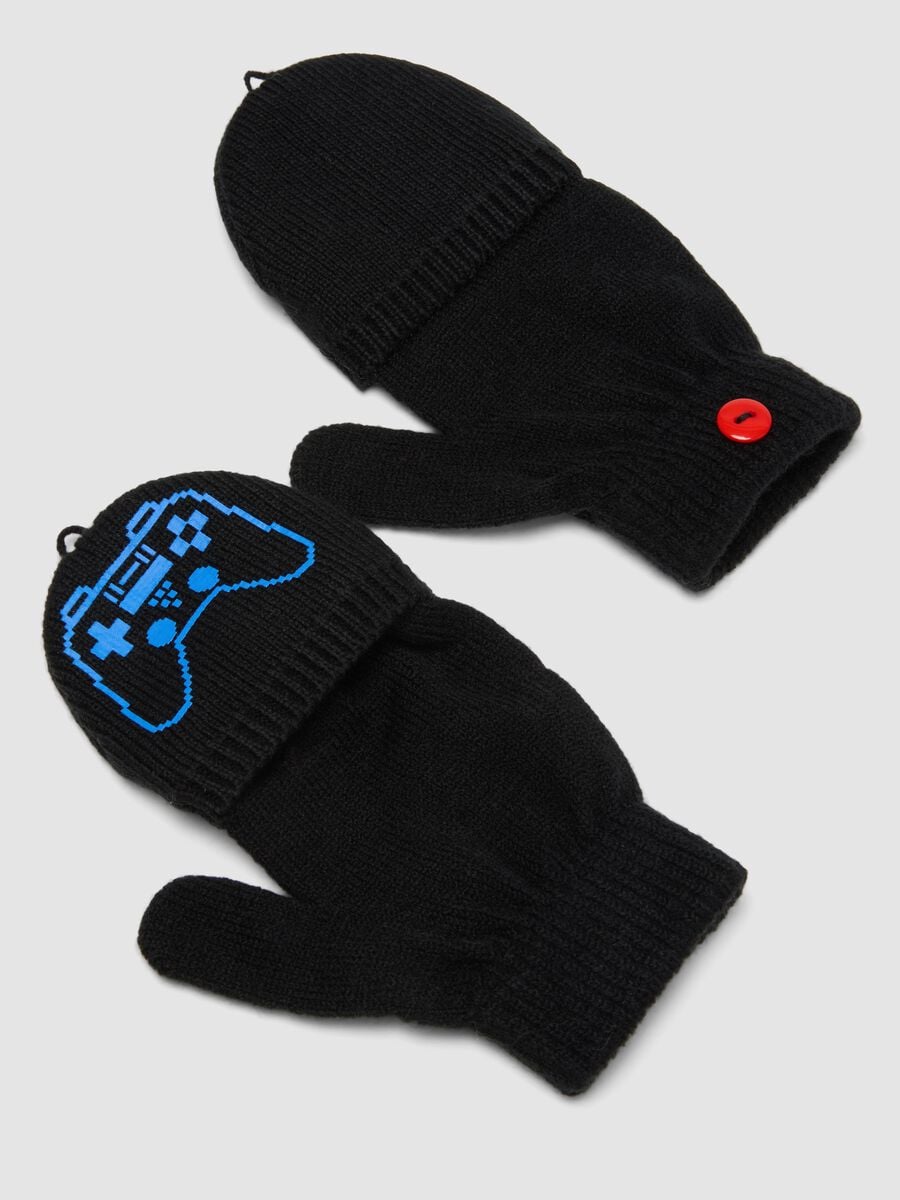 Schwarze, wandelbare Handschuhe mit Videogame-Print_2