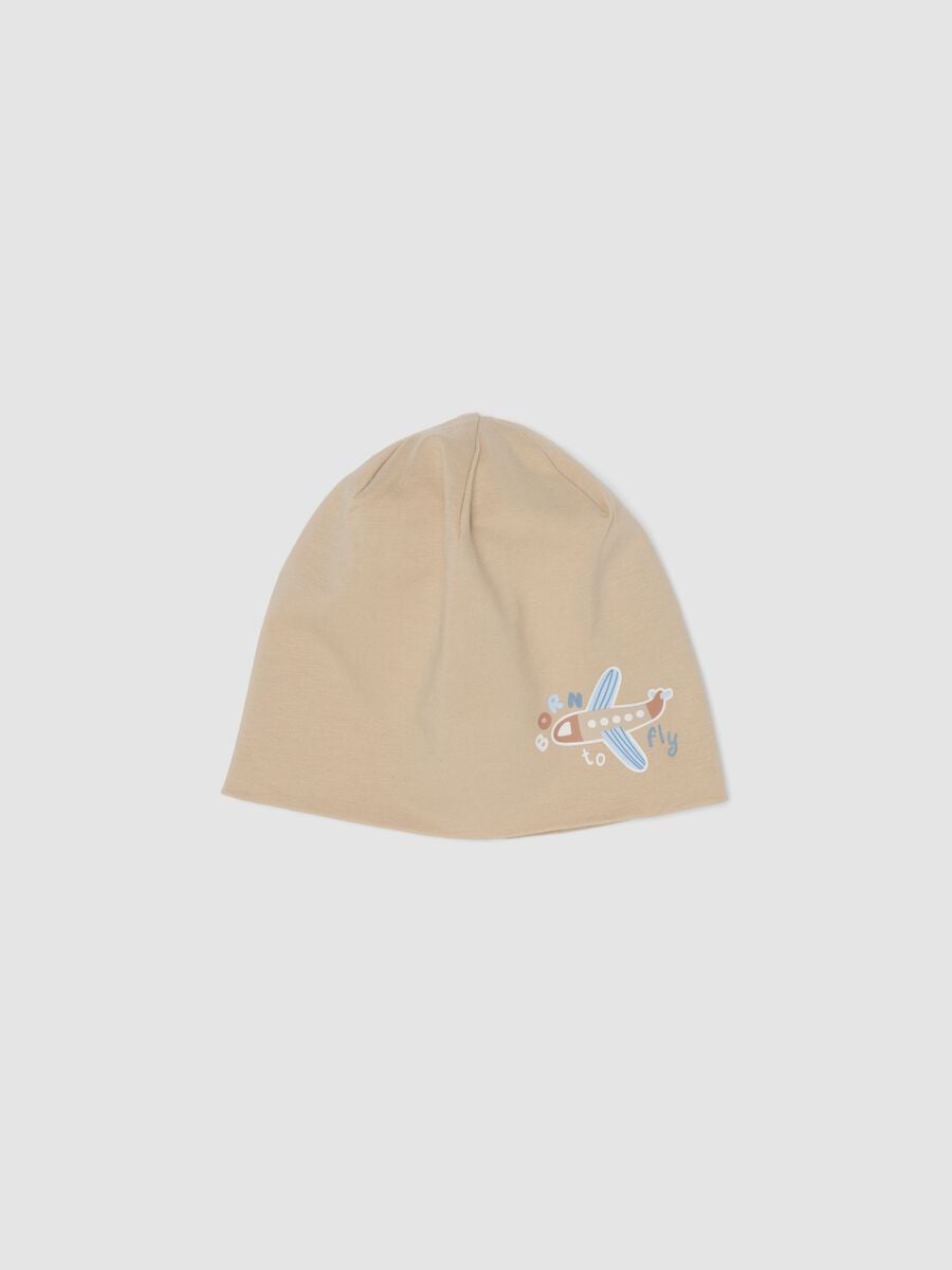Beige stretch organic cotton baby hat with aeroplane print_0