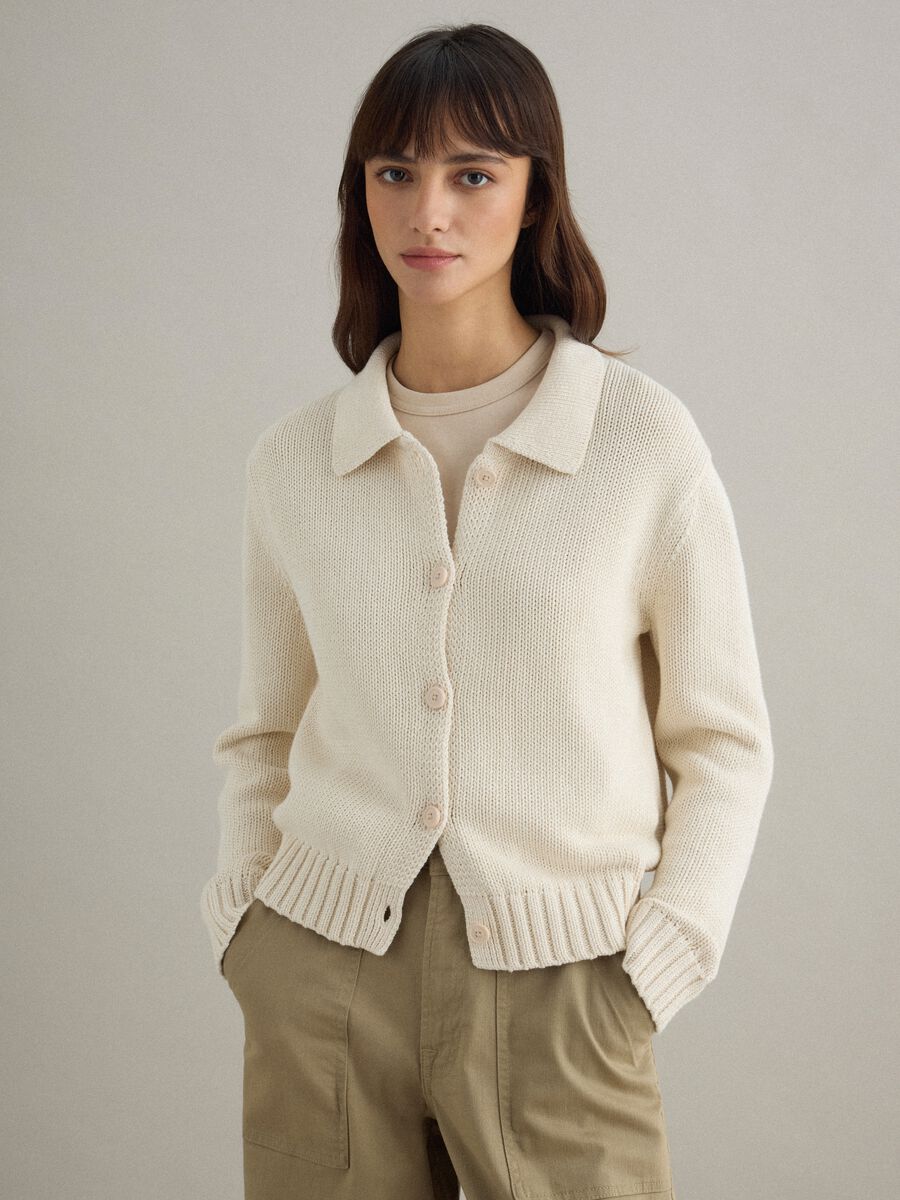 Beige pure cotton regular fit cardigan with polo collar_0