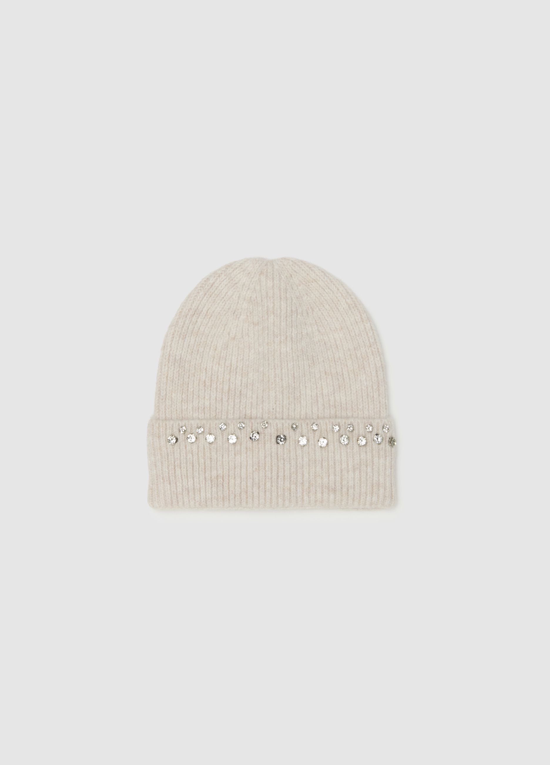 Beige ribbed beanie with rhinestone embroidery