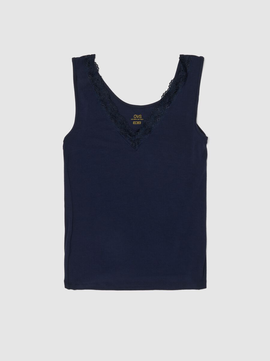 Blaue dehnbare Viskose-Tanktop mit tiefem V-Ausschnitt und Spitze, normale Passform_4