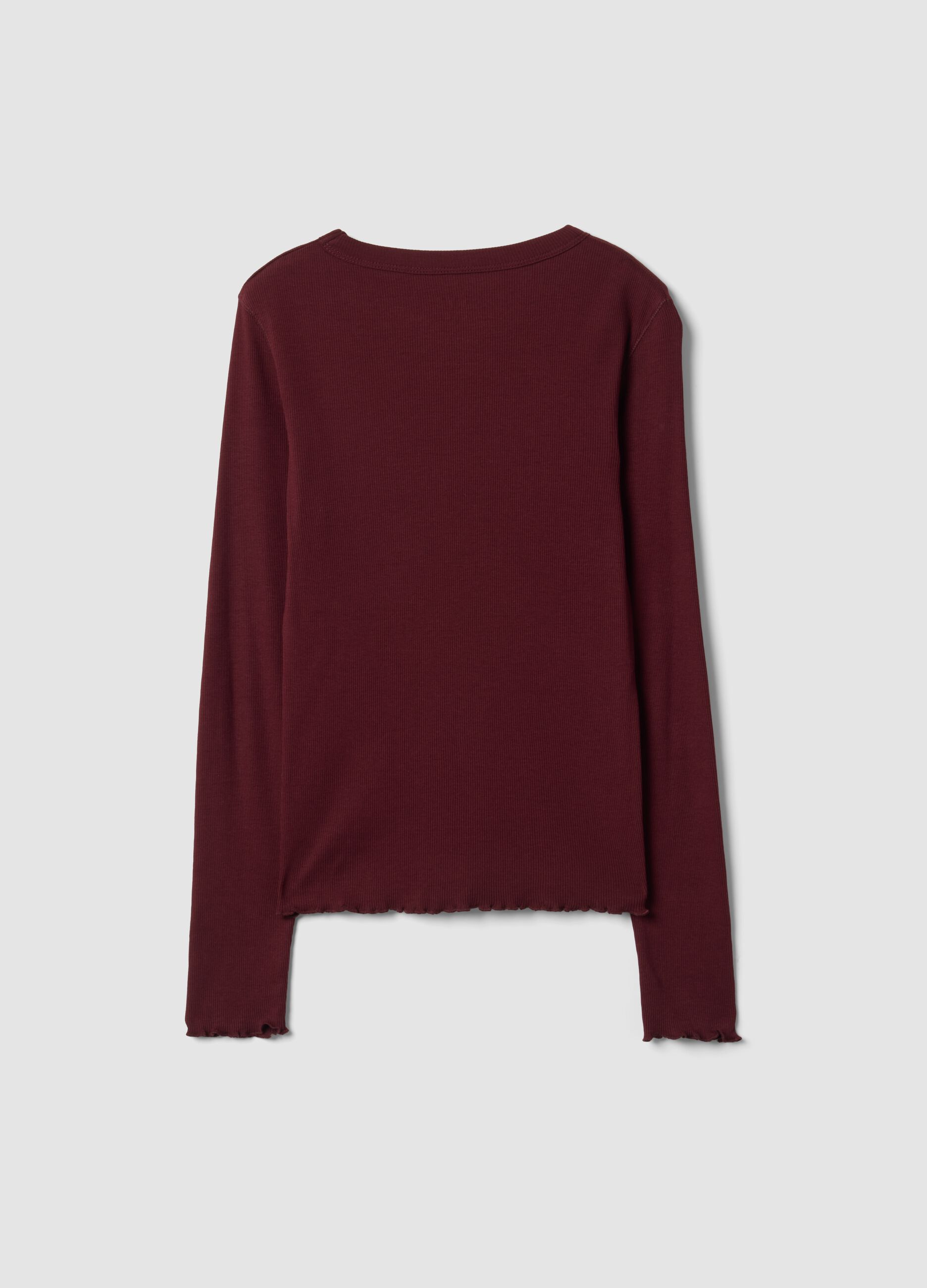 Burgundy pure cotton long-sleeve crew-neck T-shirt, regular fit