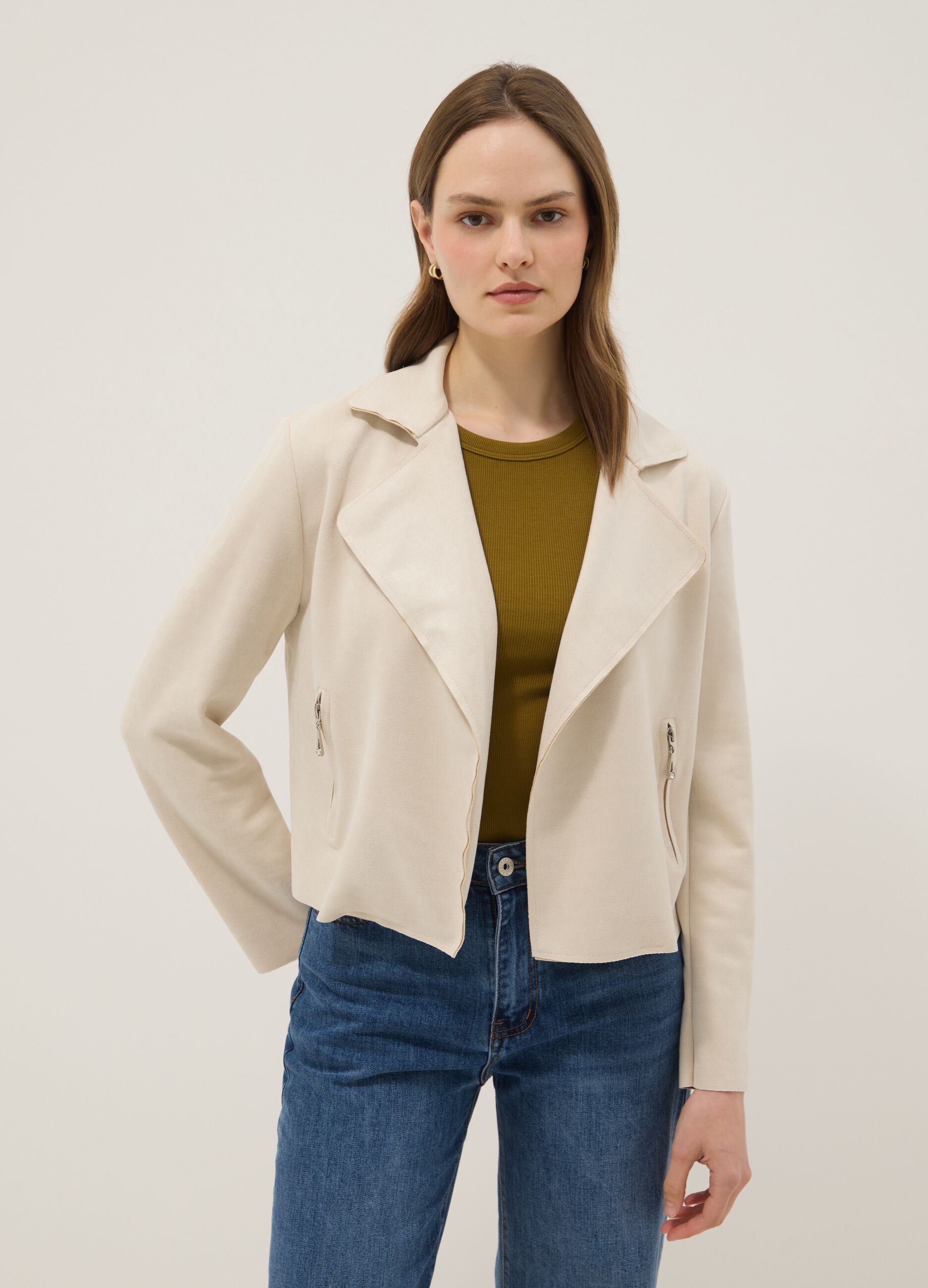 Beige pure cotton regular fit biker-style jacket