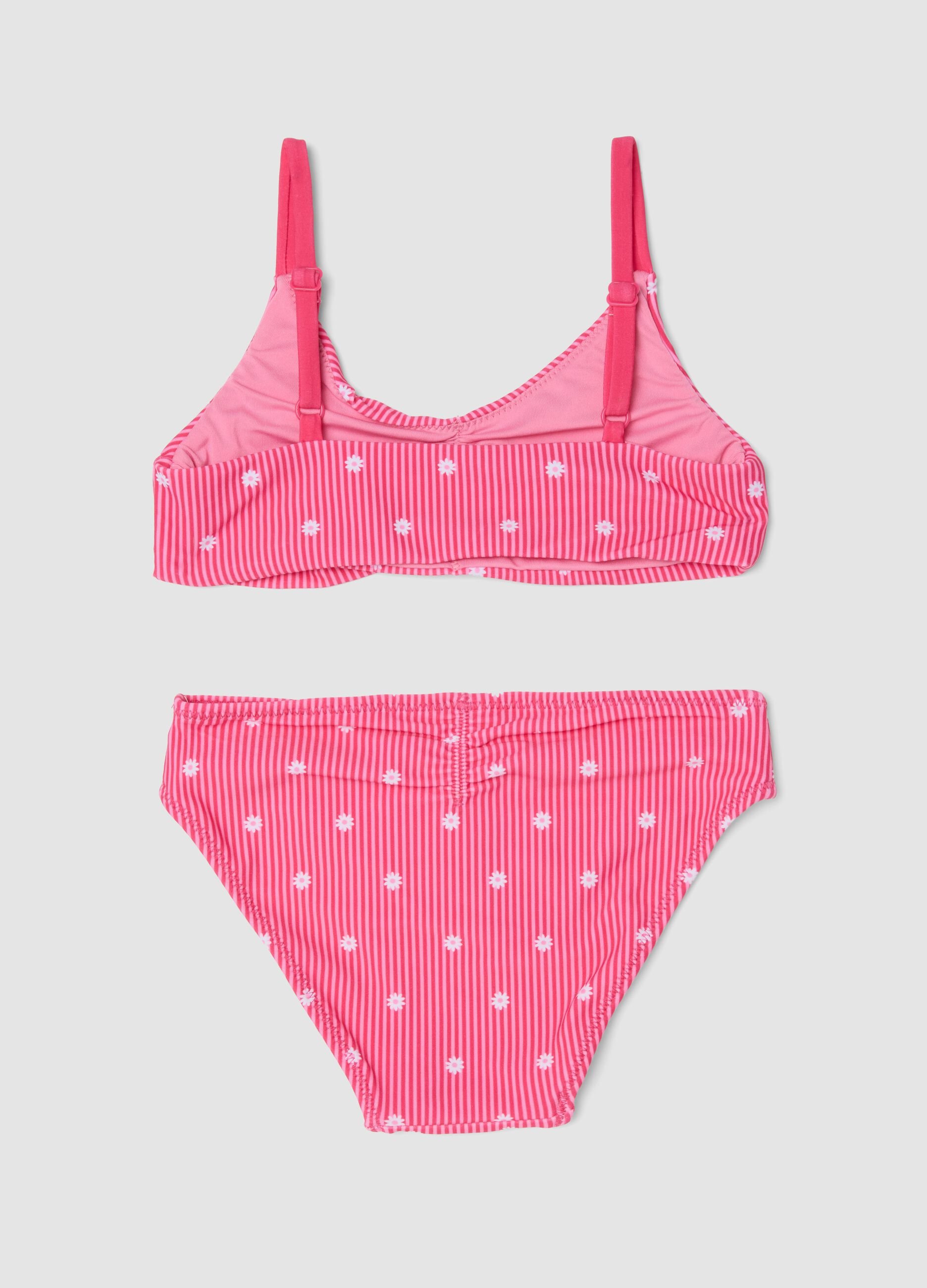 Pink striped stretch bikini with contrast flowers