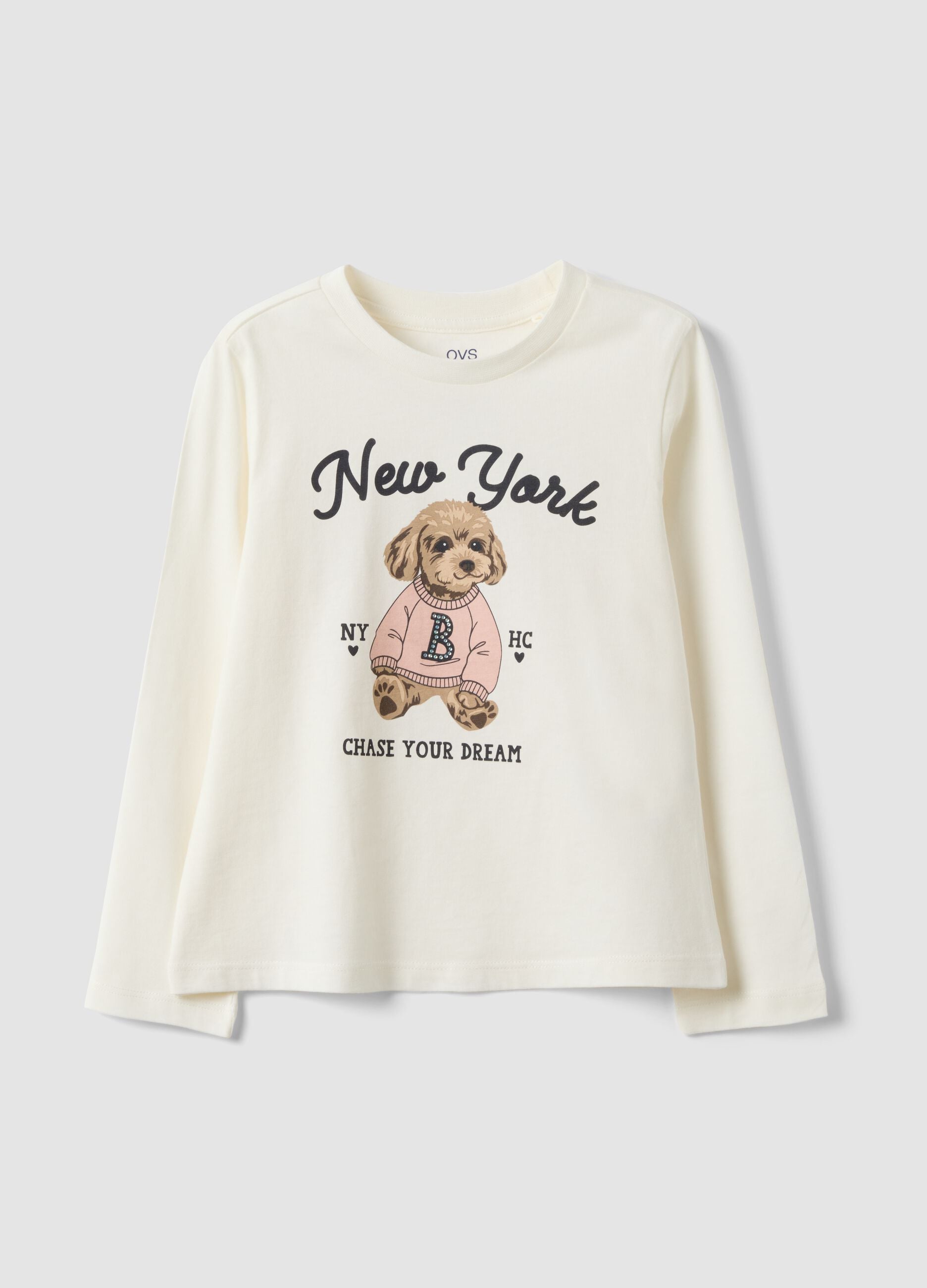 White pure organic cotton T-shirt with puppy print for girls