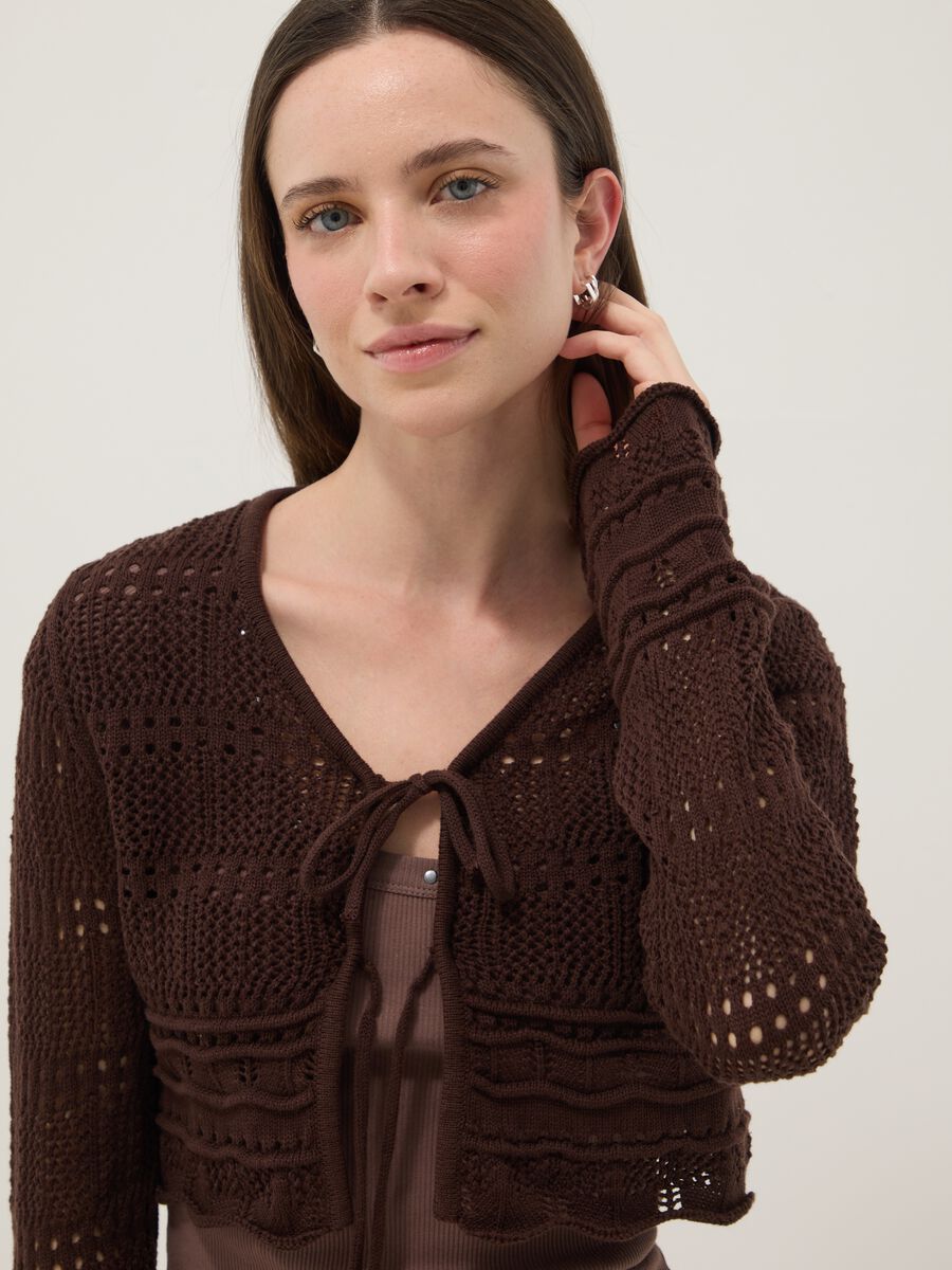Brown pure cotton regular fit knitted deep V cardigan_3