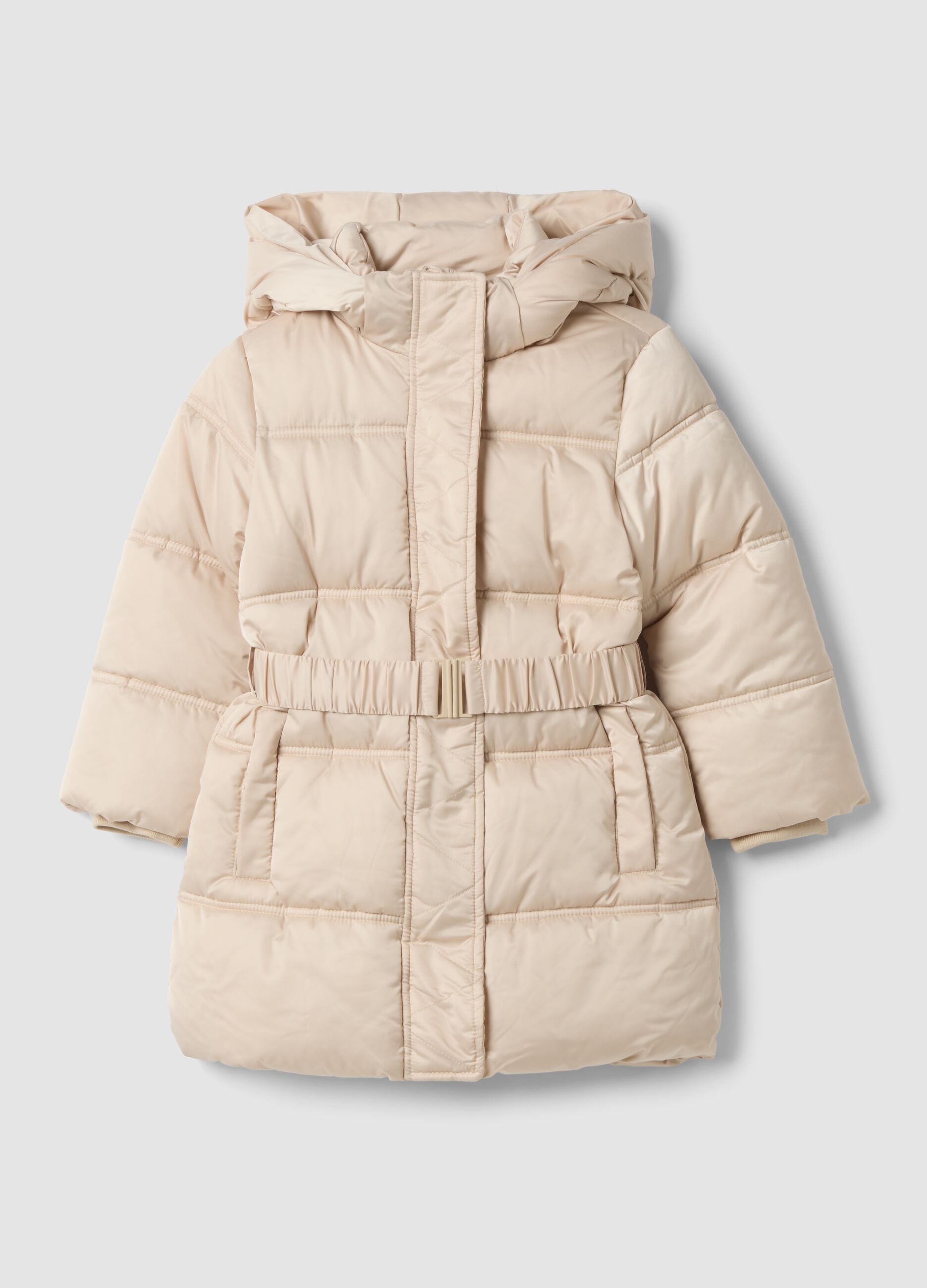 Piumino lungo imbottito beige con cappuccio e cintura