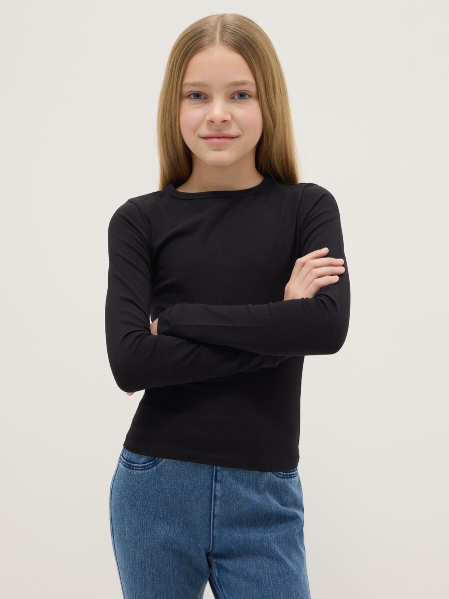 Girls' black long-sleeve cotton blend slim fit top_0