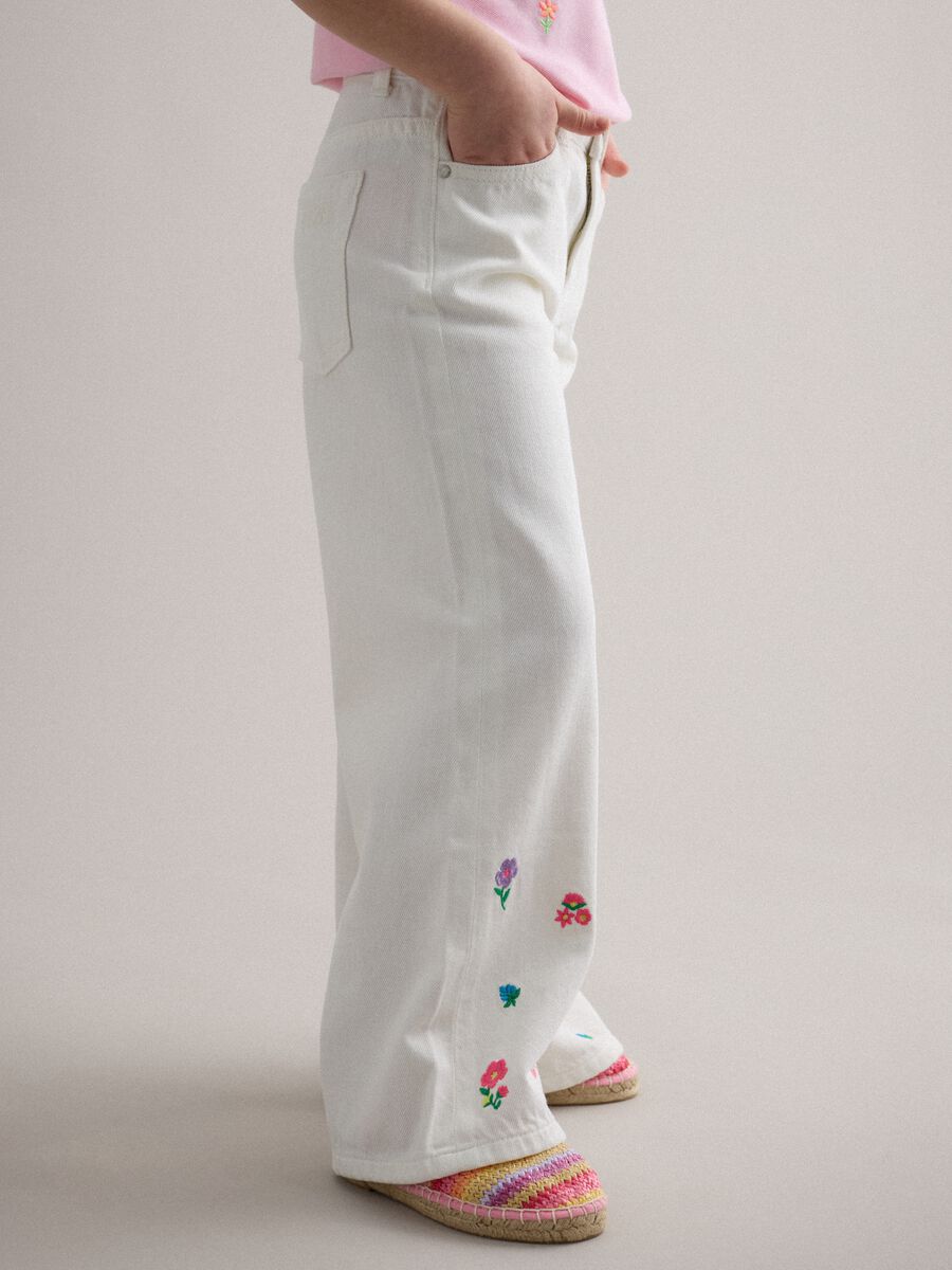 Girls' Wide Leg Pure Cotton White Trousers with Flowers_1