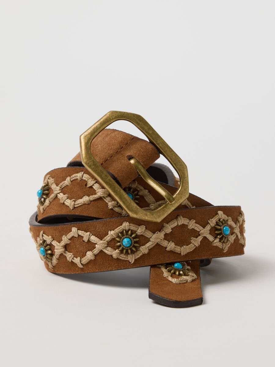 Multicolor genuine leather belt with embroidery and golden buckle_3