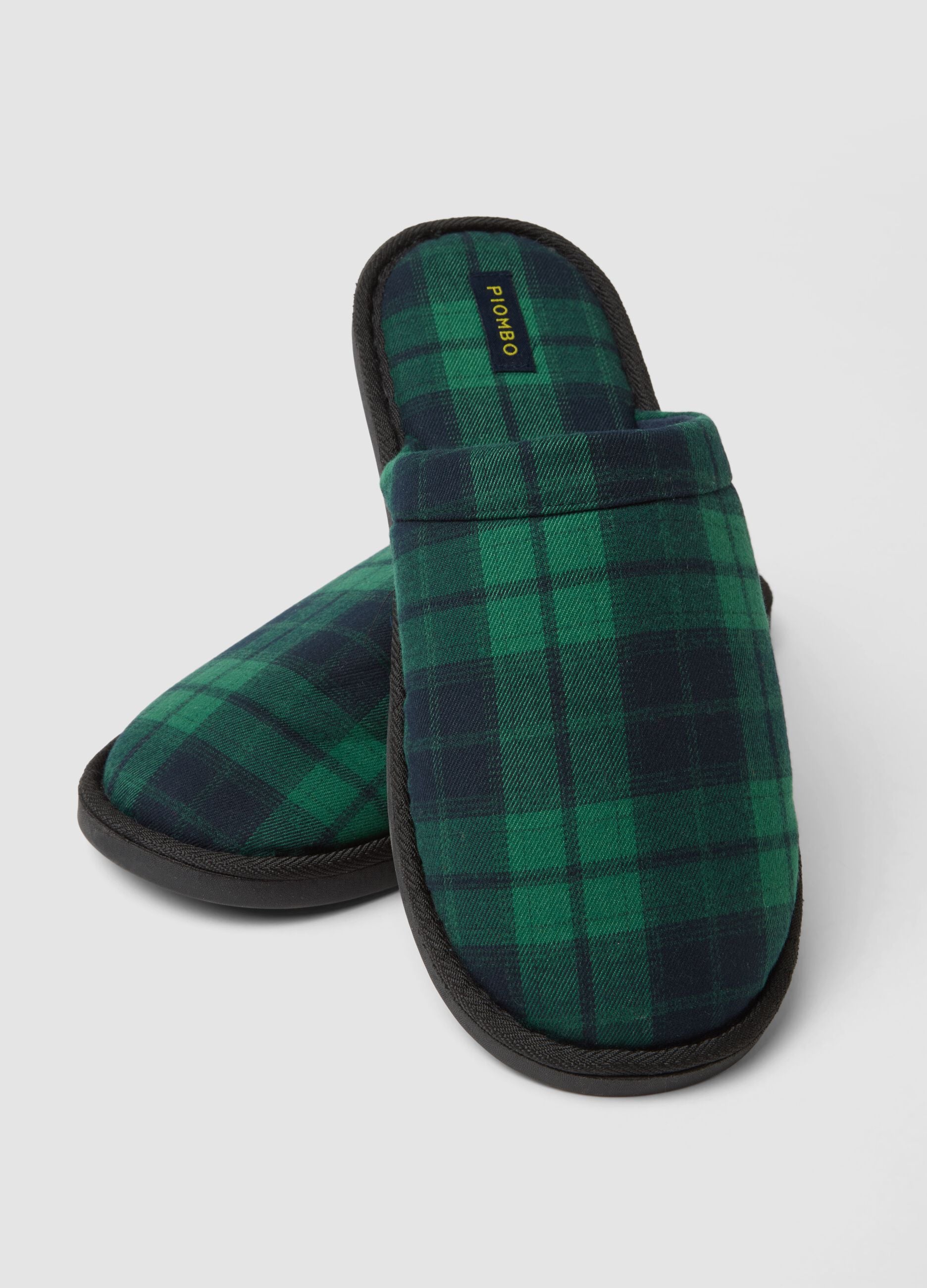 Green and blue checked slippers